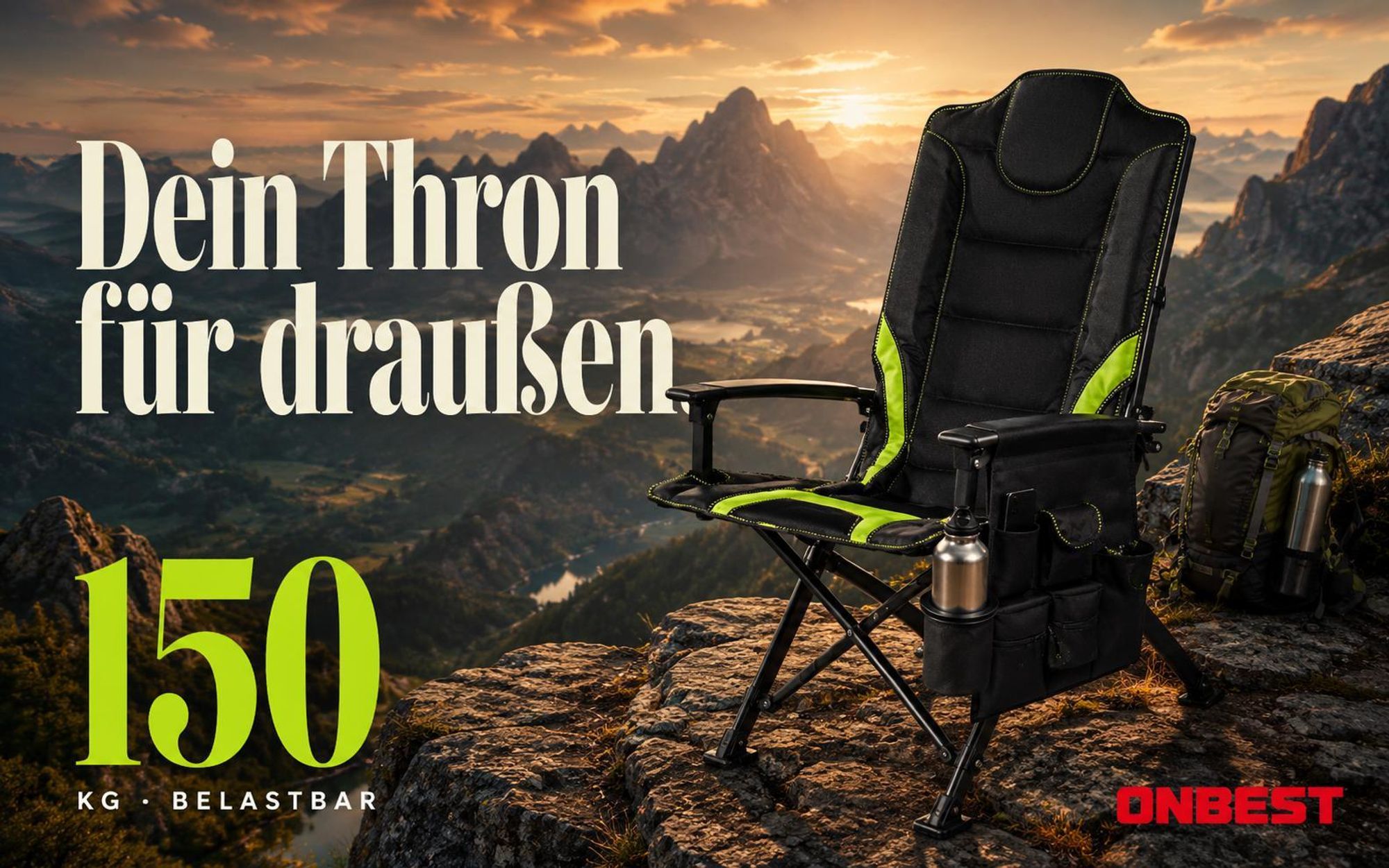 ONBEST Campingstuhl faltbar | 150 kg | inklusive Tragetasche | Rückentasche | Stahlgestell | Wasserabweisend