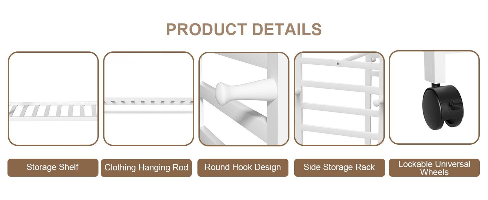 WISFOR Rollgarderobe Kleiderständer Holz mit Kleiderstange und Ablagen, Garderobenständer Rollbar Garderobe Ständer mit Haken und Schuhregal