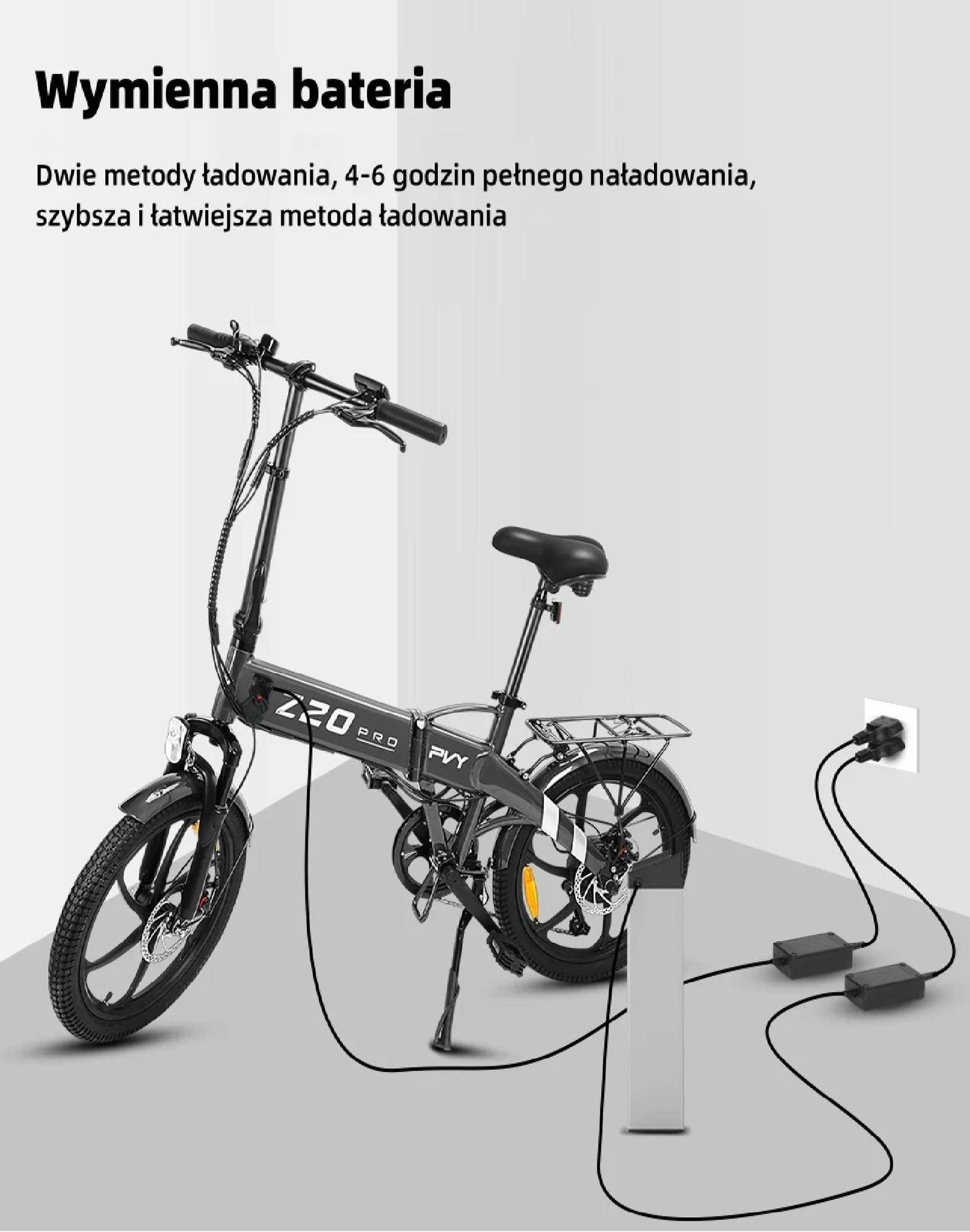 Rower Elektryczny PVY Z20 Pro - Moc 250W Bateria 36V10.4AH Zasięg 80KM Hamulec Tarczowy Mechaniczny - Szary