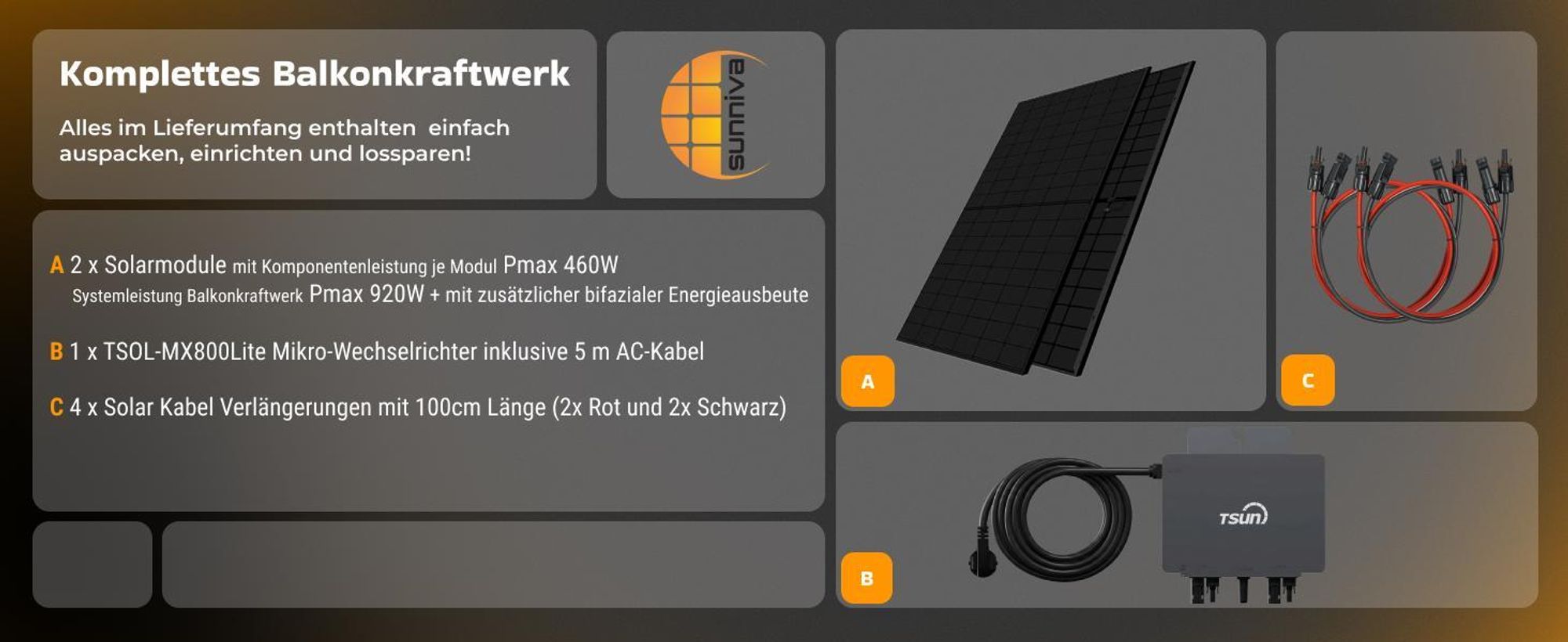 SUNNIVA® 920W Balkonkraftwerk BIFAZIAL FULLBLACK komplett Steckdose TSUN 800W Wechselrichter, PV Solaranlage, 5m Kabel, Bluetooth WIFI