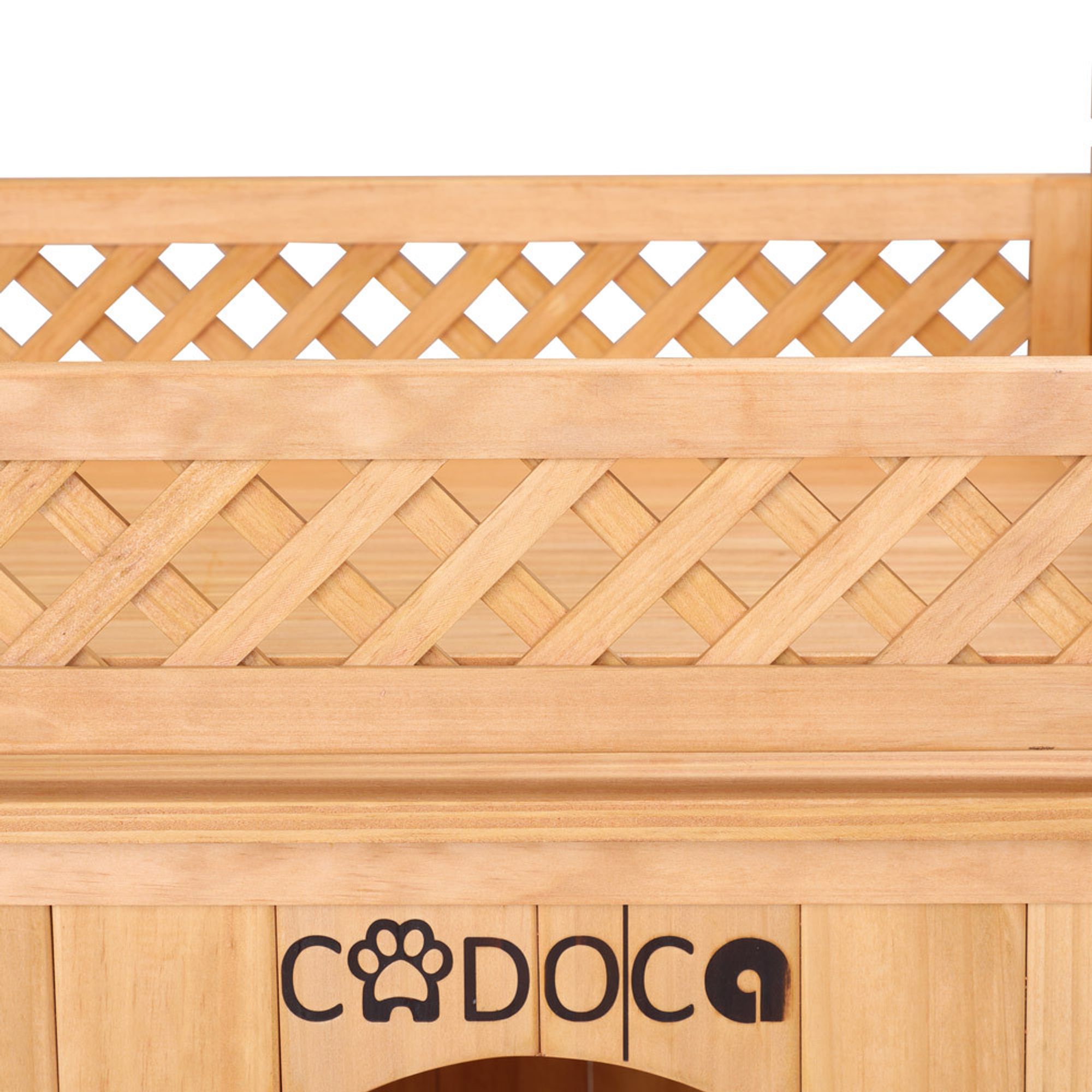 CADOCA® Tierhaus FSC®-zertifiziert Kiefer 65x55x54cm 2-stöckig Treppe Sonnenterrasse Katzenhaus Katzenhütte Hundehütte Katzenvilla Lodge Balkon