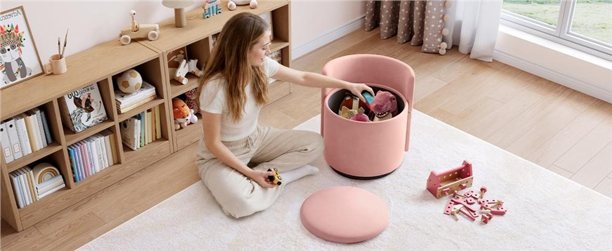 Yaheetech Drehbarer Sitzhocker mit Stauraum 40 L, gepolsterter Schminkhocker, Hocker für Schminktisch, aus Samtbezug, bis 136 kg, Rosa