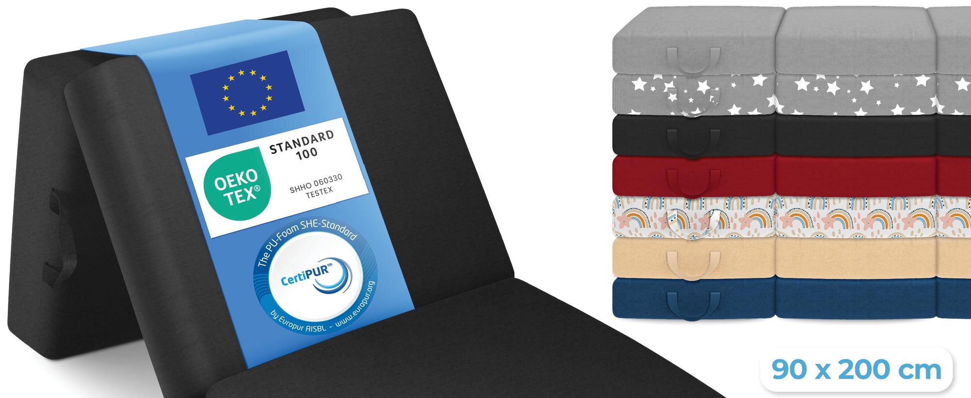 ELONEO Opklapbare matrassen, gastenmatrassen, 3-delige opvouwbare matrassen, extra dik schuim (15 cm), geschikt voor mensen met rugproblemen, opvouwbaar, (zwart)