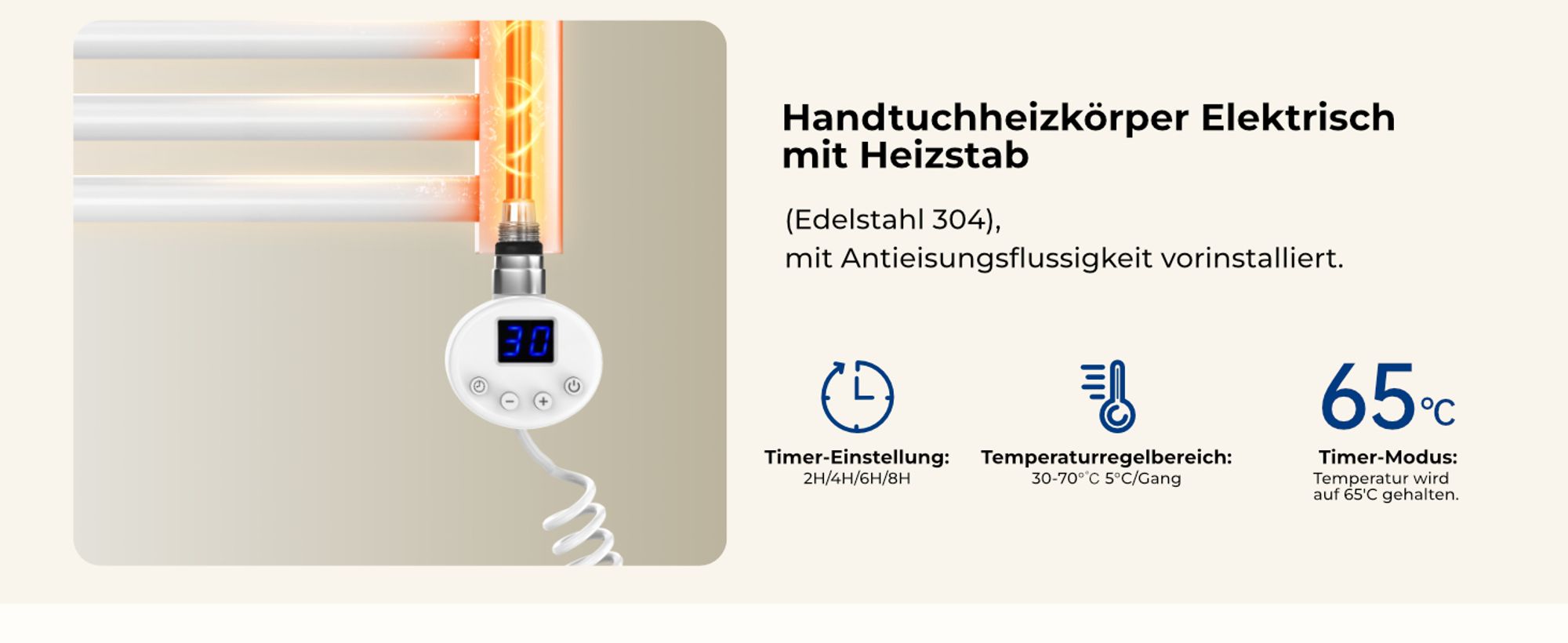 Heilmetz Badheizkörper Elektrisch 100 x 50 cm Elektrischer Handtuchheizkörper Heizkörper Handtuchtrockner Rundrohr 500W Weiß