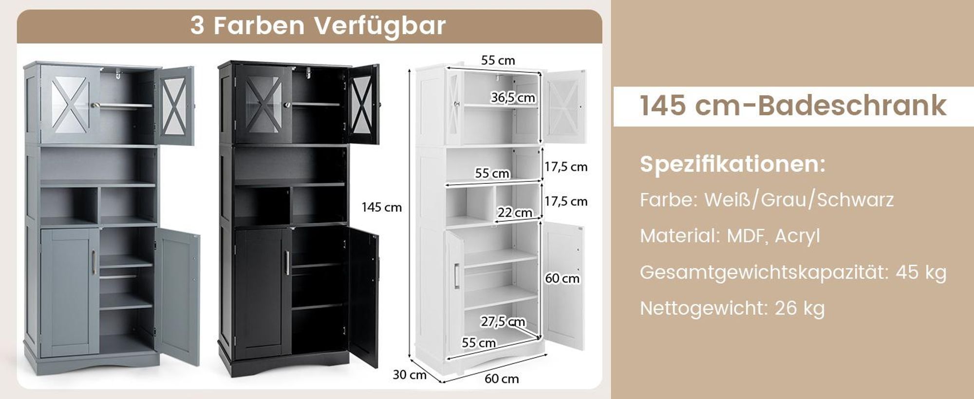 COSTWAY Bad Hochschrank, großer Bodenschrank mit Acryltüren & 3 Fächern, freistehender Vorratsschrank mit verstellbaren Regalen Weiß