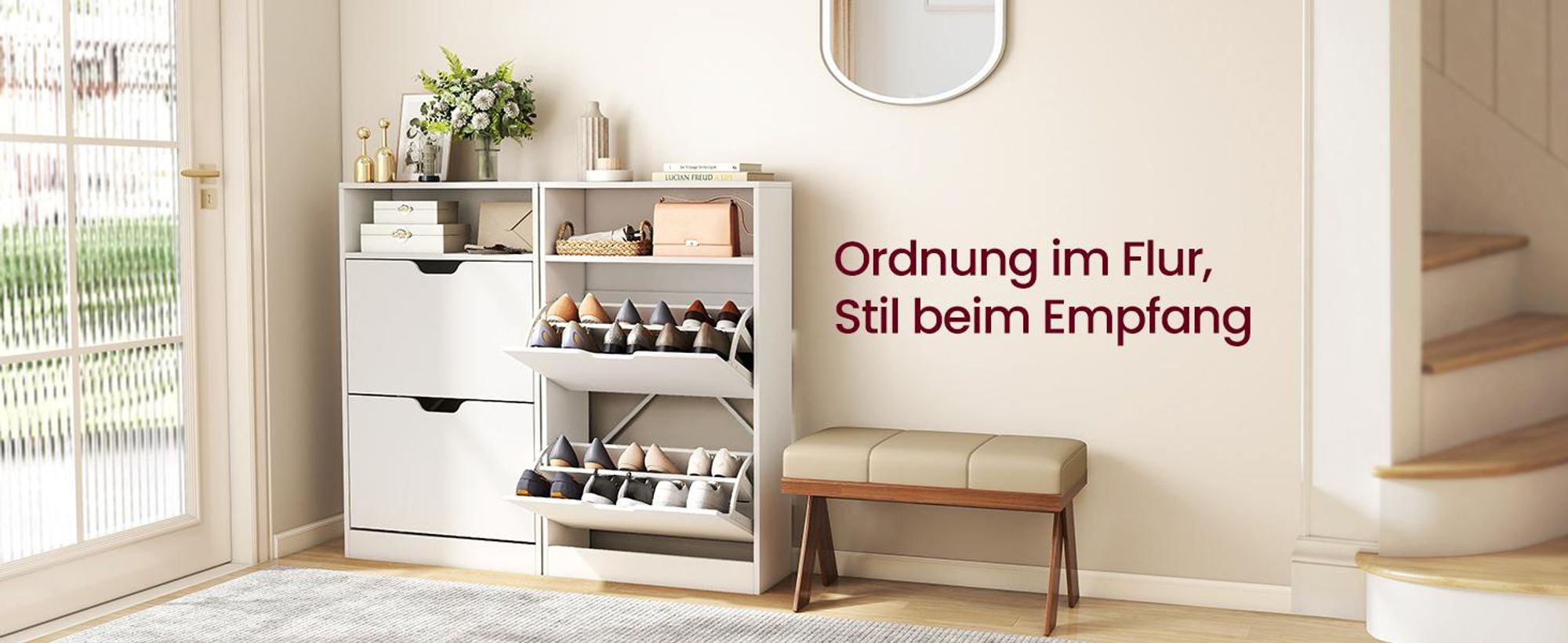 VASAGLE Schuhbank, 1 Schublade und 10 offene Fächern, Weiß