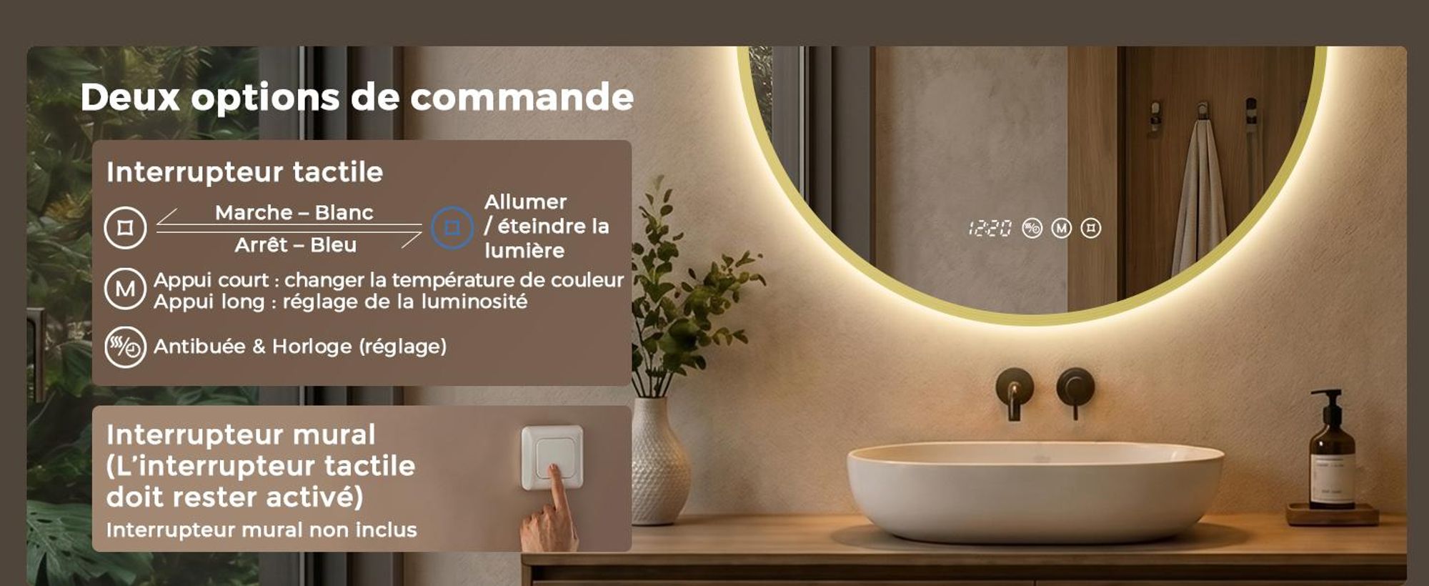S'AFIELINA Miroir Salle de Bain LED Rond 70 cm avec Éclairage, cadre doré, 3 températures de couleur, variateur, antibuée, horloge & température
