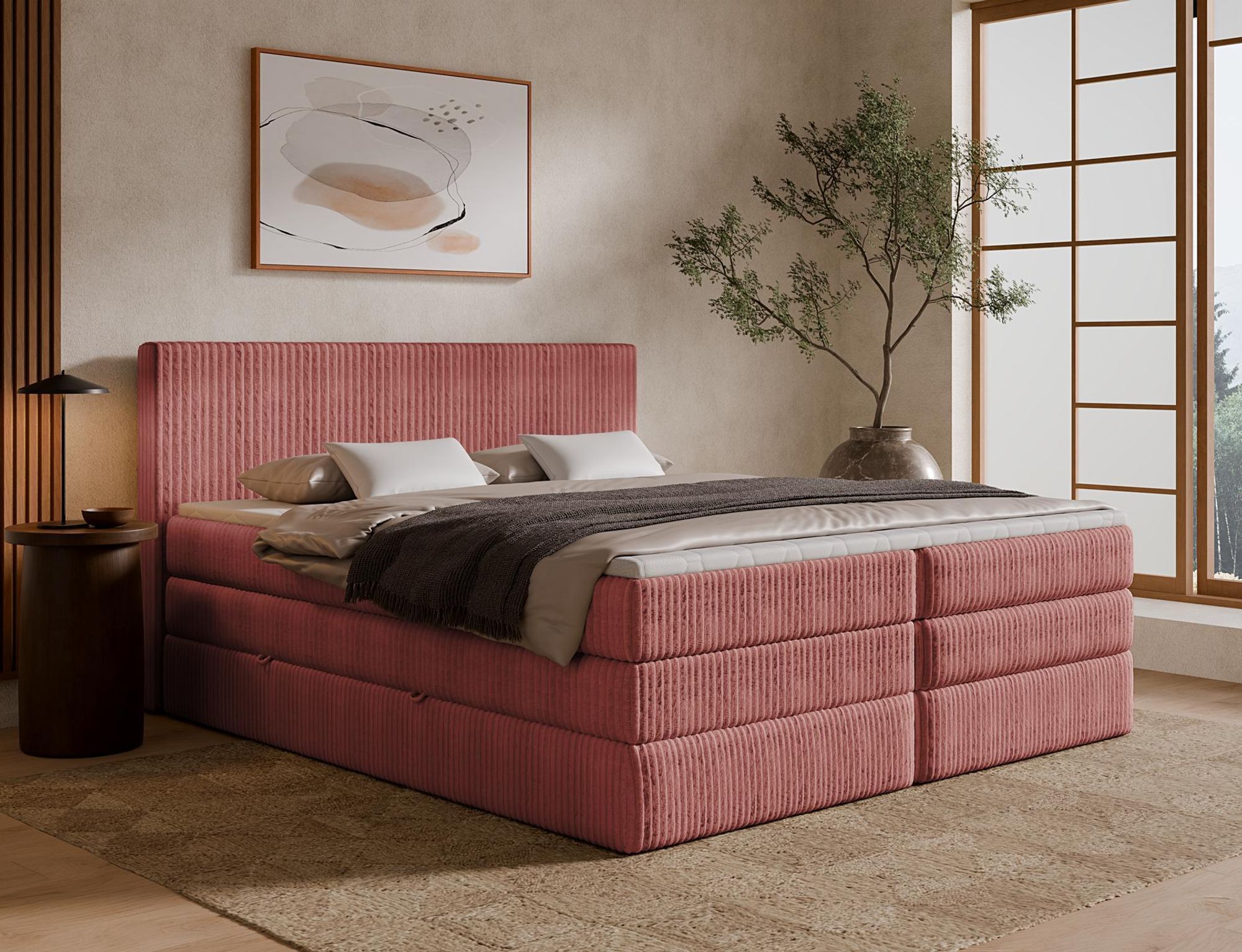 Boxspringbett Tilia DUO in Rosa mit Bettkasten und gepolstertem Kopfteil