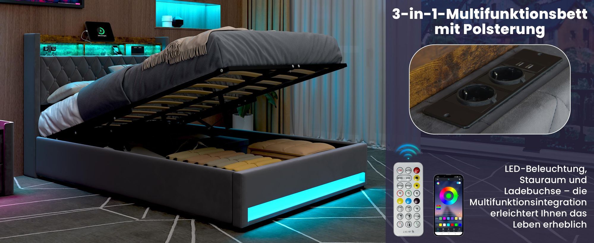 MODFU Boxspringbett 140×200 mit bettkasten,Polsterbett mit Stauraum,Funktionsbett mit USB-Anschluss & LED-Licht,Sicheres Design mit gepolsterten Kanten
