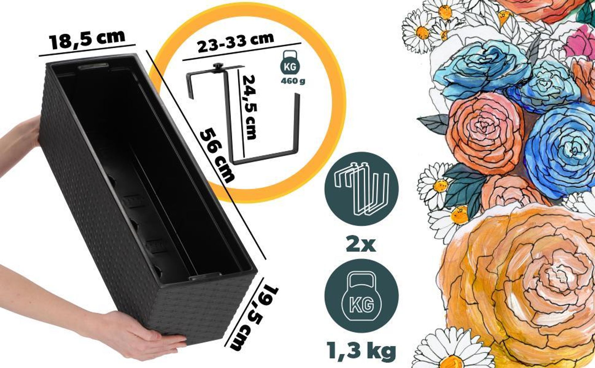 KADAX Blumentopf mit Einsatz "Murano", 56 cm, Mit Halterungen, Rattanmuster, Grafit