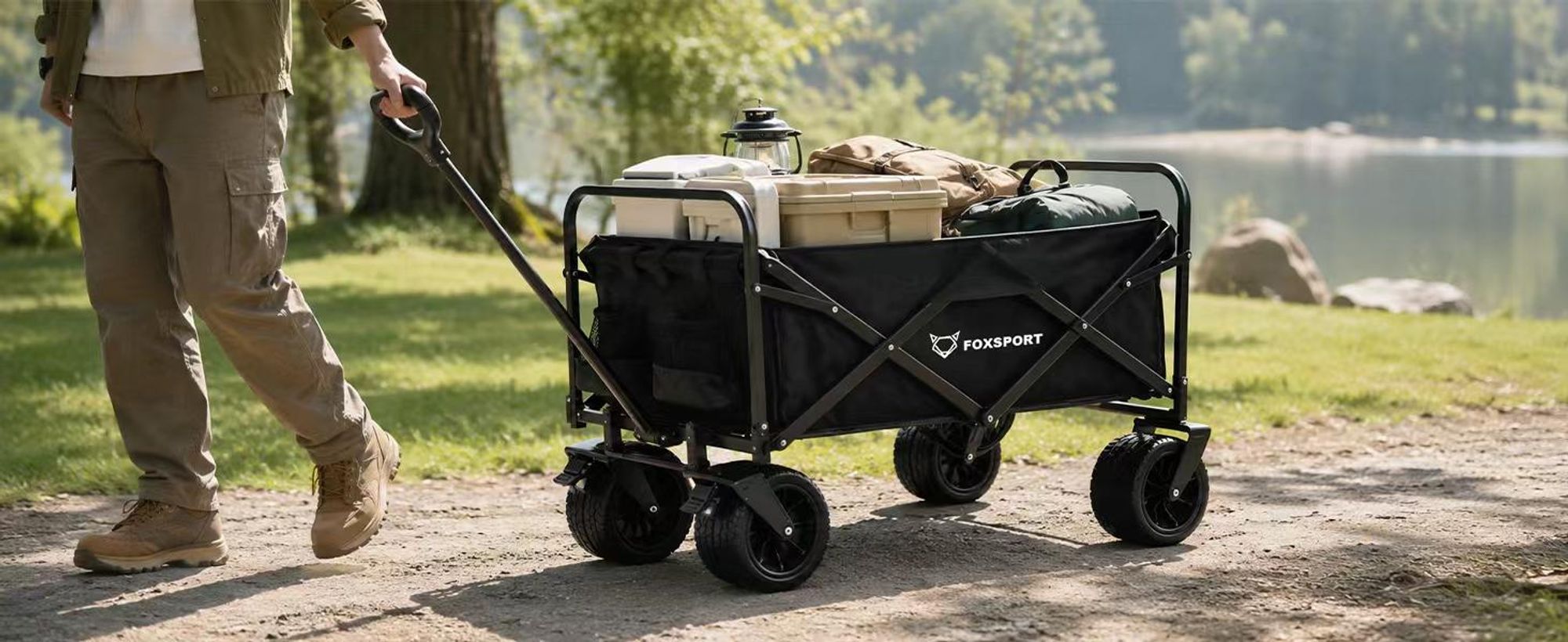 FOXSPORT Bollerwagen Faltbar, Handwagen bis 100kg belastbar, mit verstellbarer Griff, Gartenwagen für Strand, Garten, Einkäufe, 94 x 58 x 59CM,Schwarz