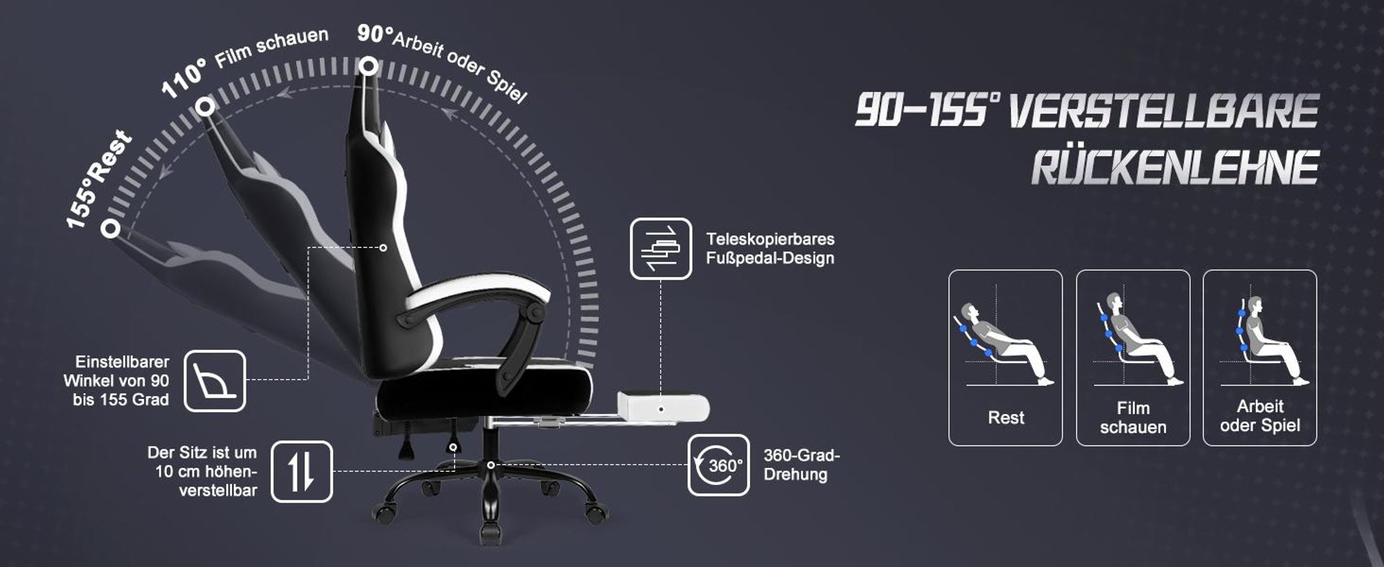 Adormii Gaming Stuhl, Ergonomischer Gaming Sessel, Schreibtischstuhl, Gamingstuhl mit Fußstütze, verstellbare Rückenlehne, Gaming stuhl 150 kg