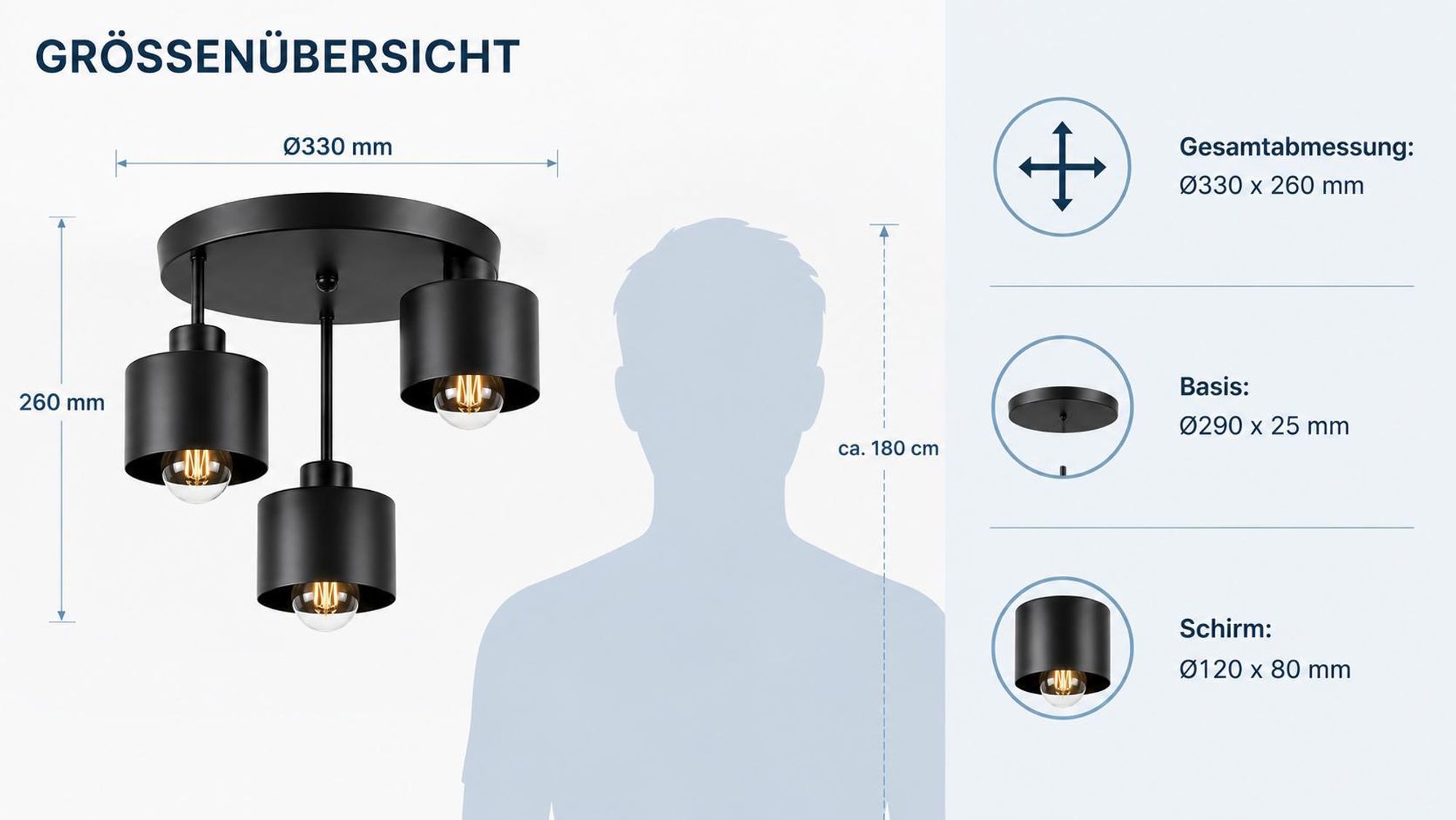 MasterLED Deckenleuchte – 3-flammig – Schwarz E27 – Moderne Deckenlampe Industrie-Design – Stahl