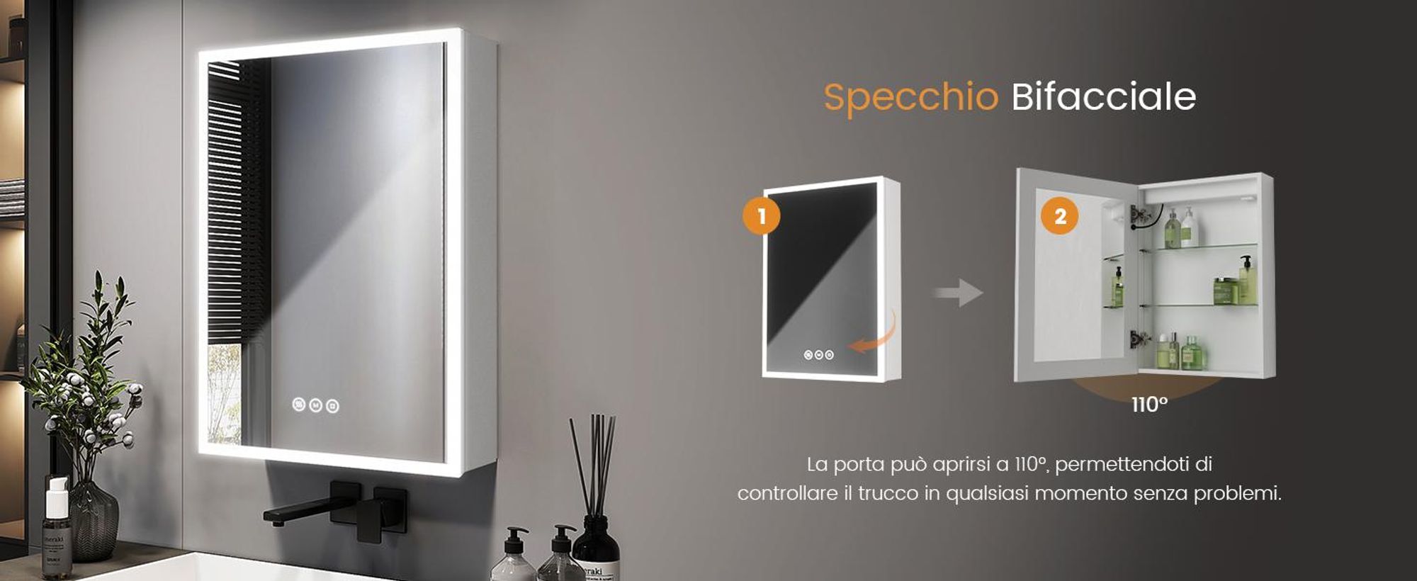 Armadio a specchio EMKE con illuminazione 145 x 500 x 700 mm Armadio a specchio a LED con antiappannamento e presa, dimmerabile a 3 colori - Armadio da bagno a 1 anta