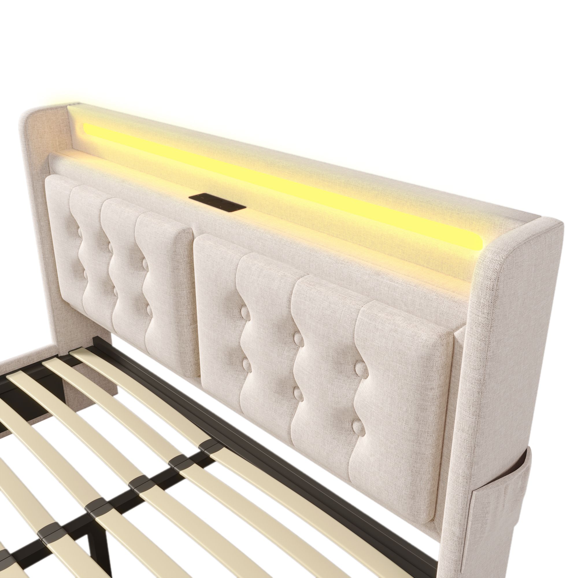 Flieks Polsterbett 140x200cm mit 4 Schubladen, Stauraumbett Doppelbett mit Ladefunktion, Jugendbett Holzbett mit LED, Funktionsbett Baumwolle, Beige