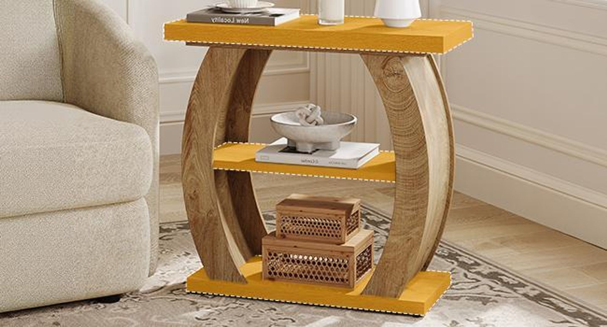 Tavolino Tribesigns, 3 ripiani con spazio contenitivo, tavolino da divano in legno curvato, stile country, tavolino per soggiorno e camera da letto, effetto naturale
