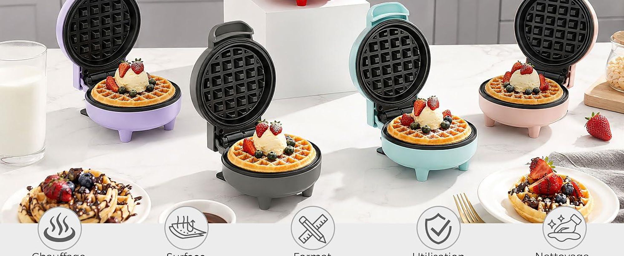 YASHE Mini gaufrier ABW59C, 550 W, plaque 10 cm, antiadhésif, rouge