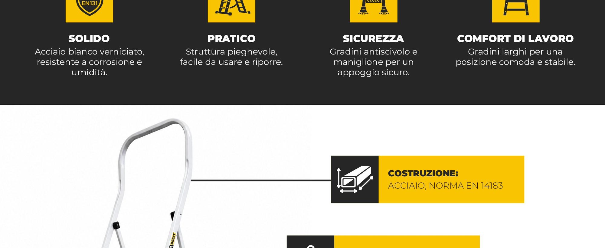 DRABEST | Scala - Serie PRO, 3 gradini - Capacità di carico 150 kg, Scala a pioli, Scala pieghevole, Scala a pioli, Scala domestica