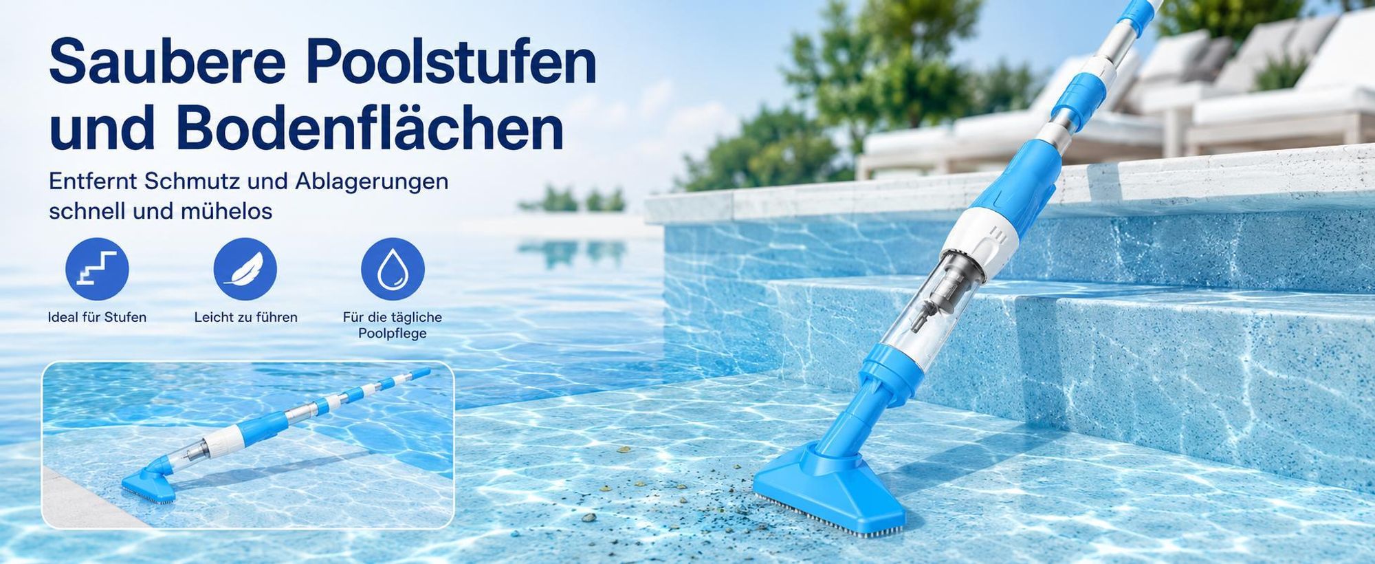 3 in1 Poolsauger Kabelloser, Akku Handpoolsauger, 90 Min Laufzeit, Teleskopstange & Bürste, Mit Filterelement, für Sand und Schmutz, 0.23L, Blau