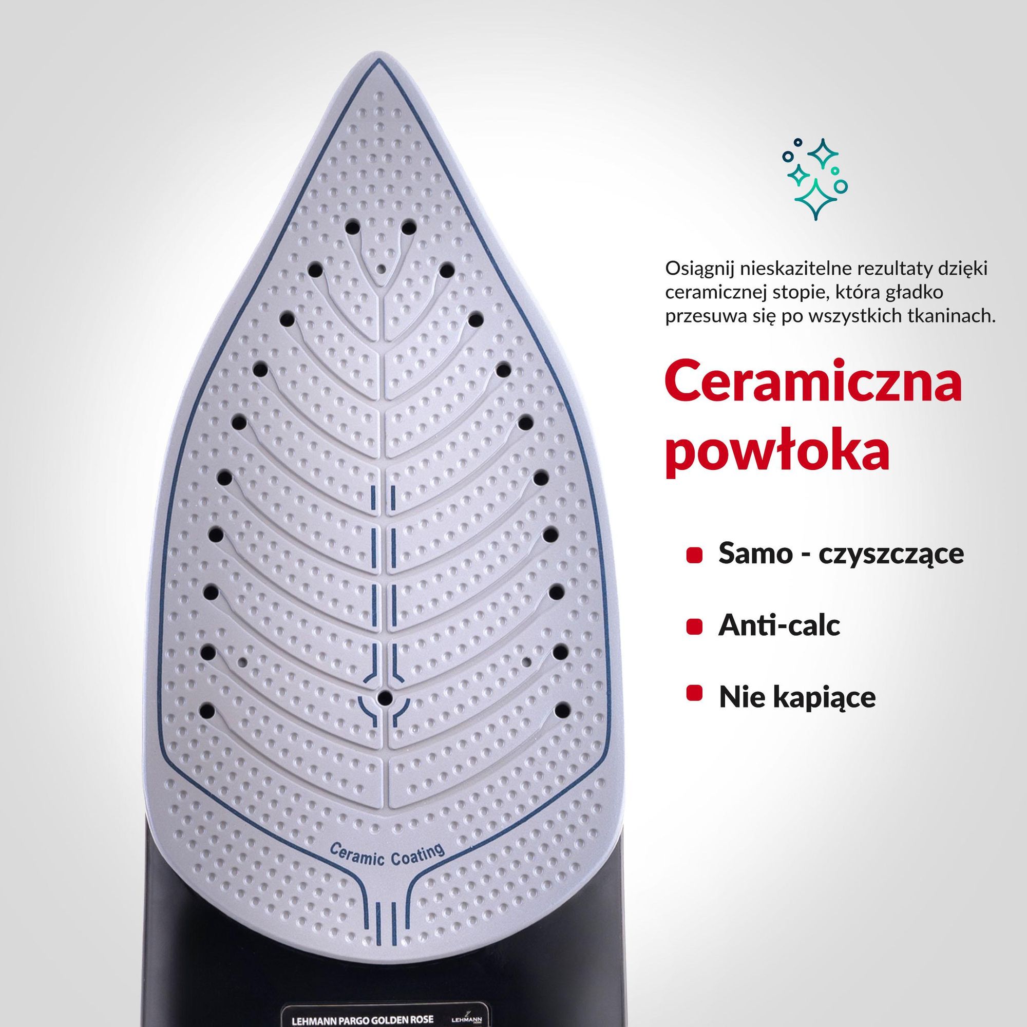 Żelazko bezprzewodowe parowe LEHMANN PARGO GOLDEN ROSE, do 3000W, podświetlane, ceramiczna stopa, Auto Shut Off, System Antywapienny
