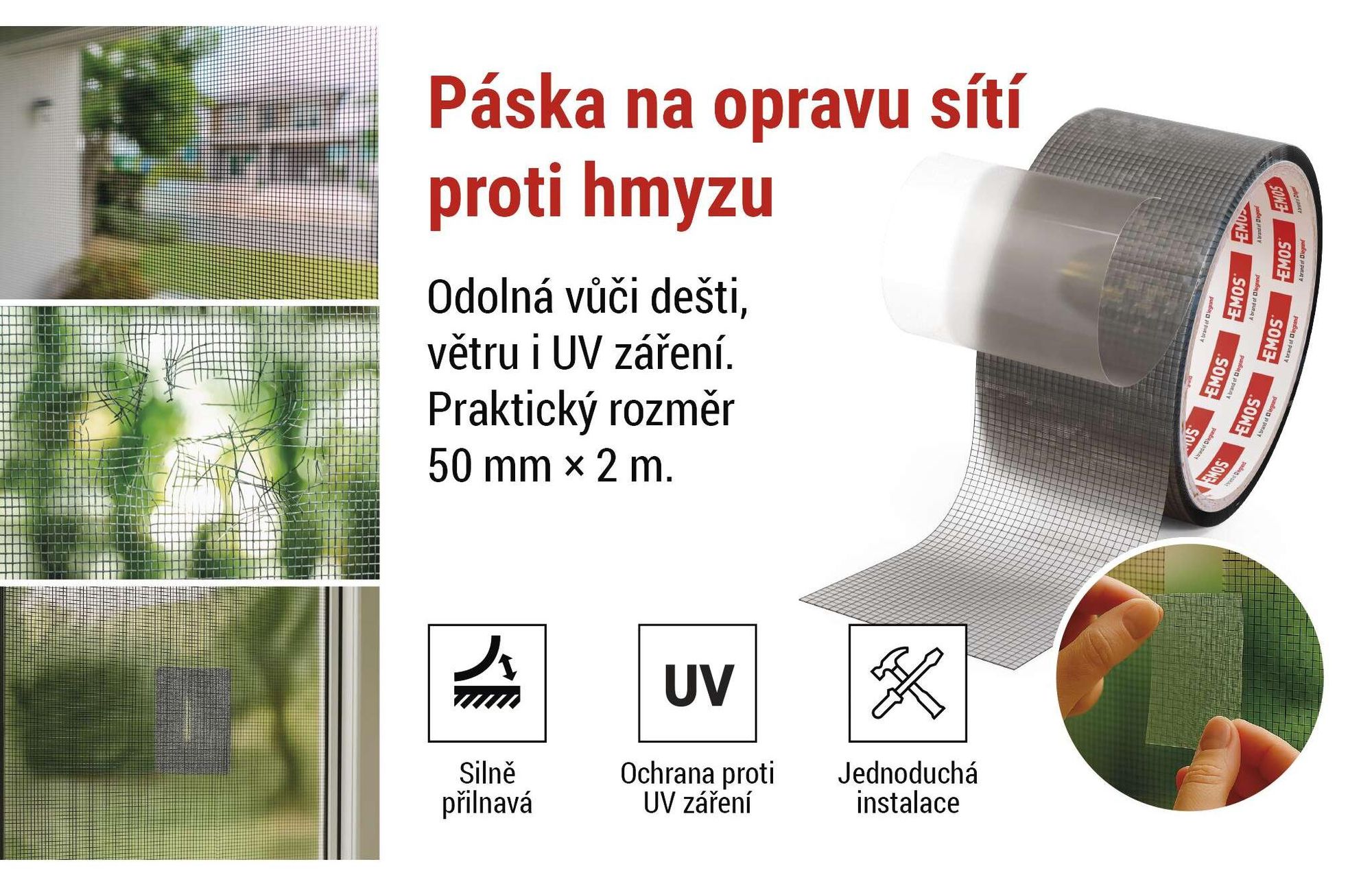 EMOS opravná lepicí páska na sítě proti hmyzu, role 2 m, 5 cm x 1 mm, samolepicí, odolná proti UV záření, průhledná, F6210