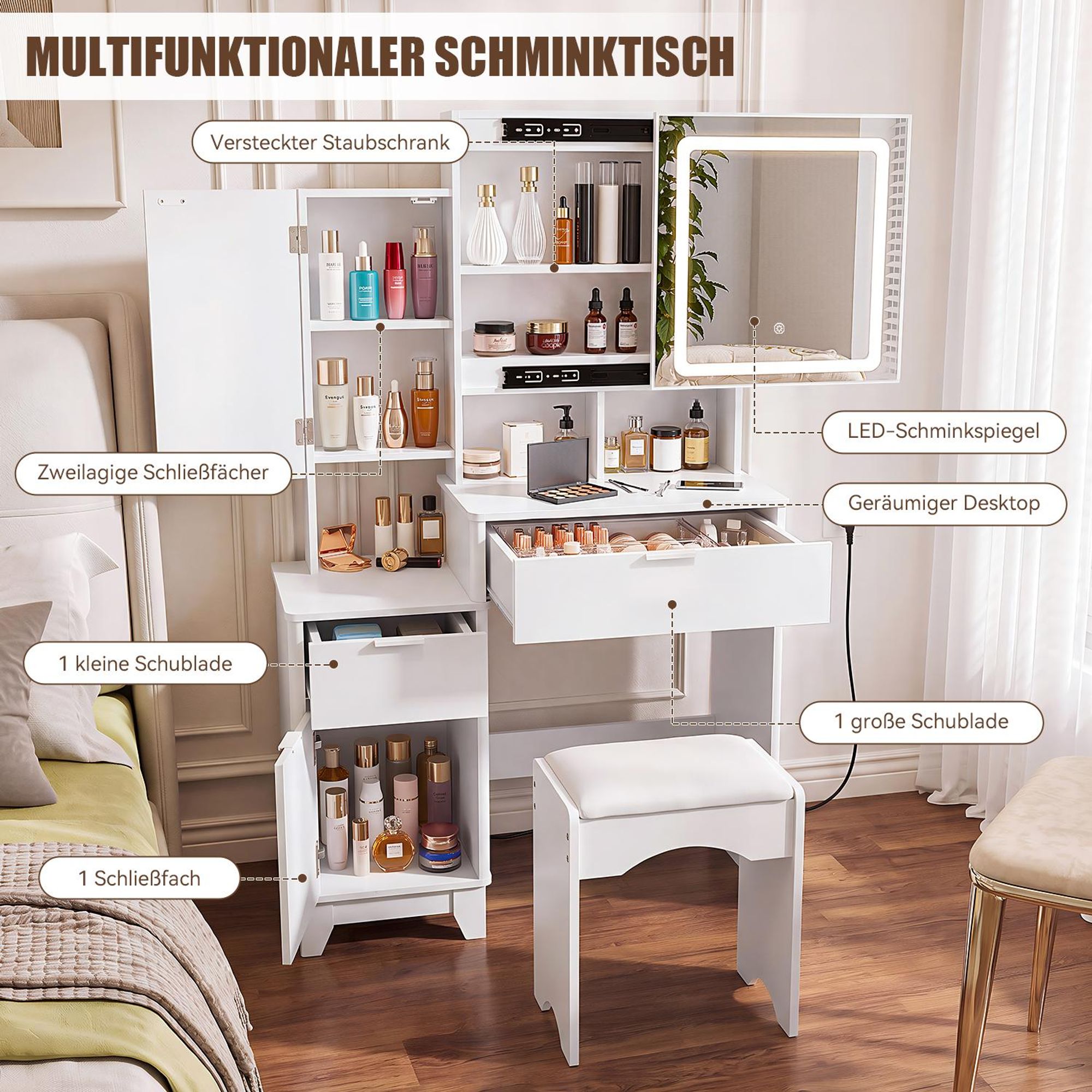 Schminktisch mit LED-Beleuchtung, einstellbare Helligkeit, mit 6 Schubladen, mit 1 Hocker