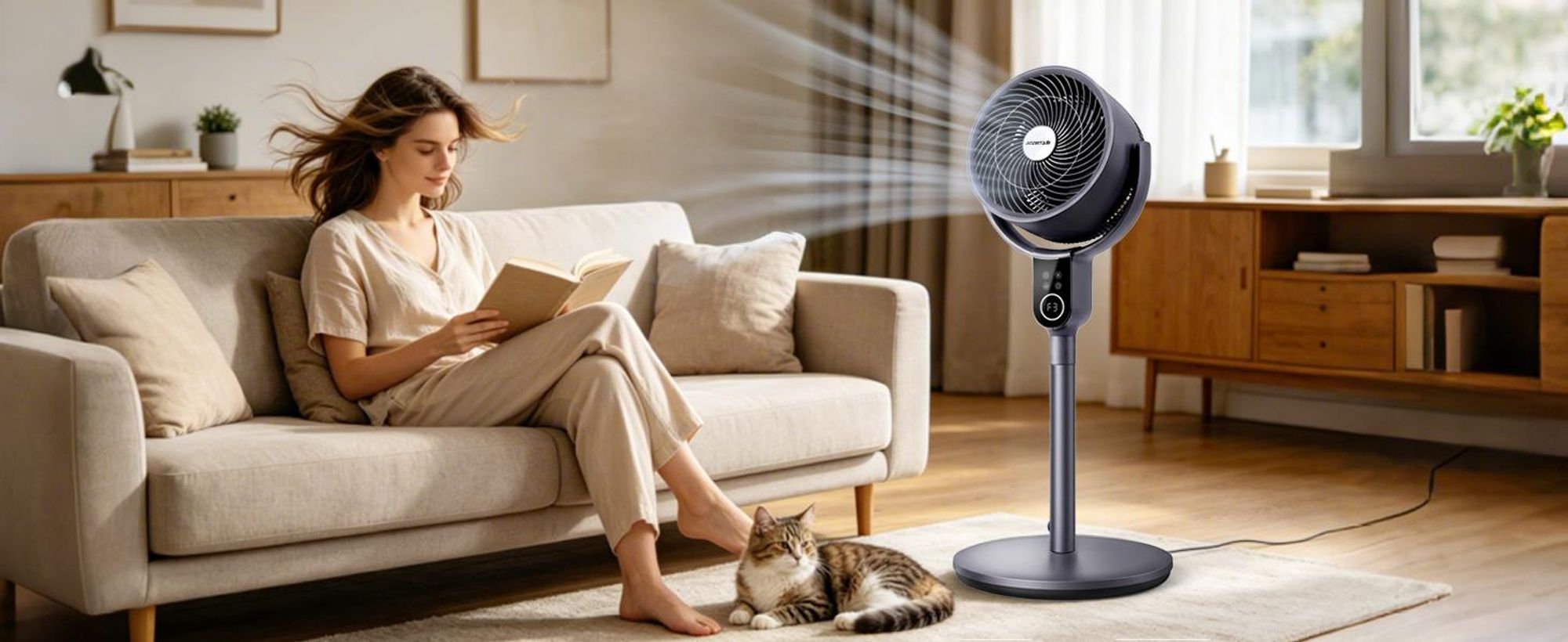 Aigostar 2-in-1 Luftumwälzer Standventilator, DC-Motor, 3D-Oszillation, 8 Stufen, leise 23dB, 12H-Timer, Fernbedienung, höhenverstellbar 80-105cm