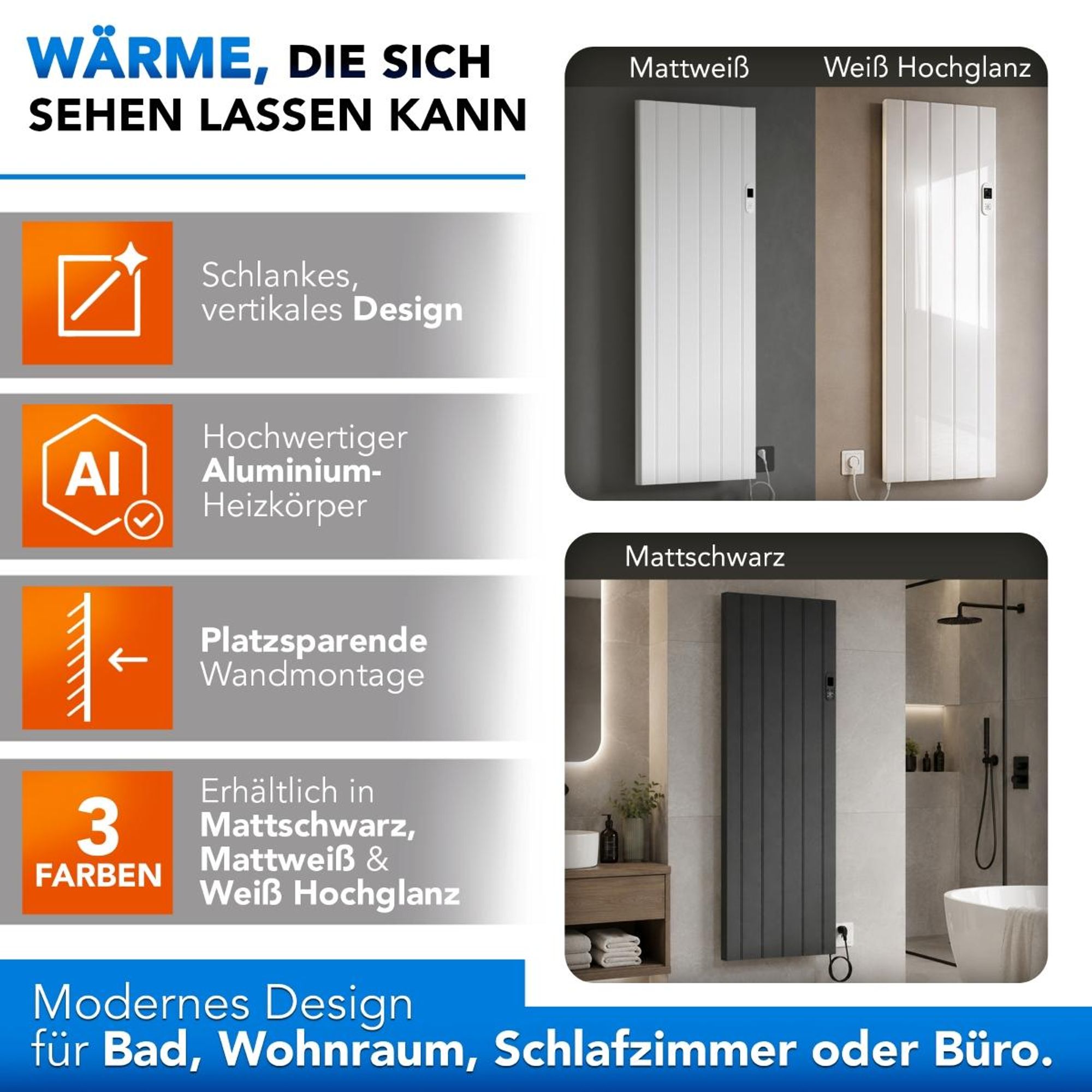 BELVIT Elektroheizkörper 2000 W Mattschwarz mit Smart WLAN und digitalem Thermostat