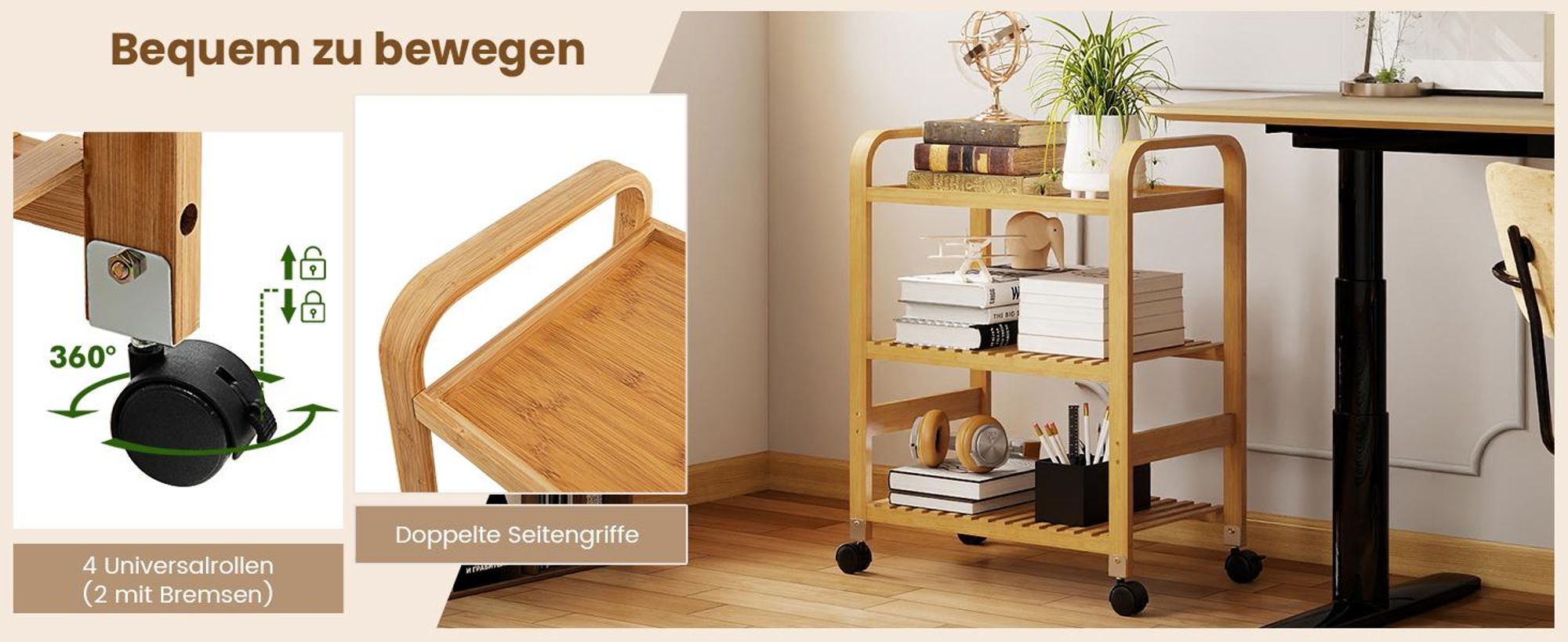 COSTWAY Servierwagen mit 3 Ablagen, Griffen & abnehmbarem Rollen, Küchenwagen Bambus auf Rädern, Mobiler Allzweckwagen Rollwagen Lagerregal für Küche, Flur & Bad, 58 x 33 x 76 cm