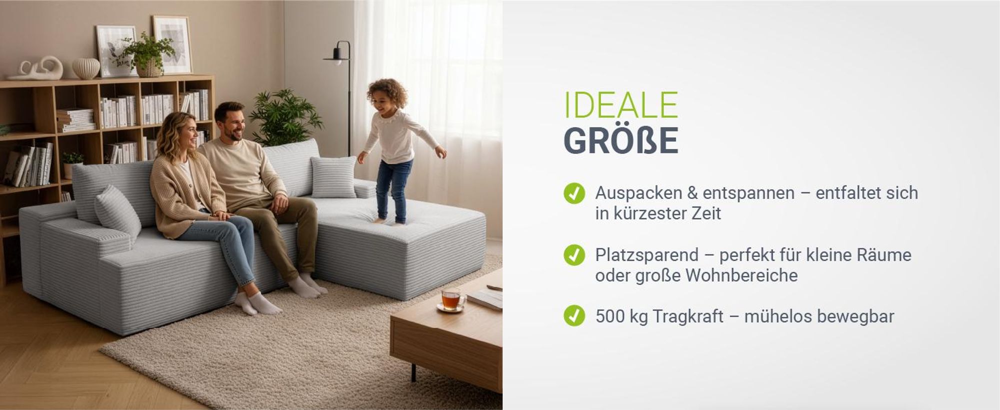 Juskys Sofa Coredo - Hellgrau, moderne Couch aus Cord mit Kissen, Ottomane rechts
