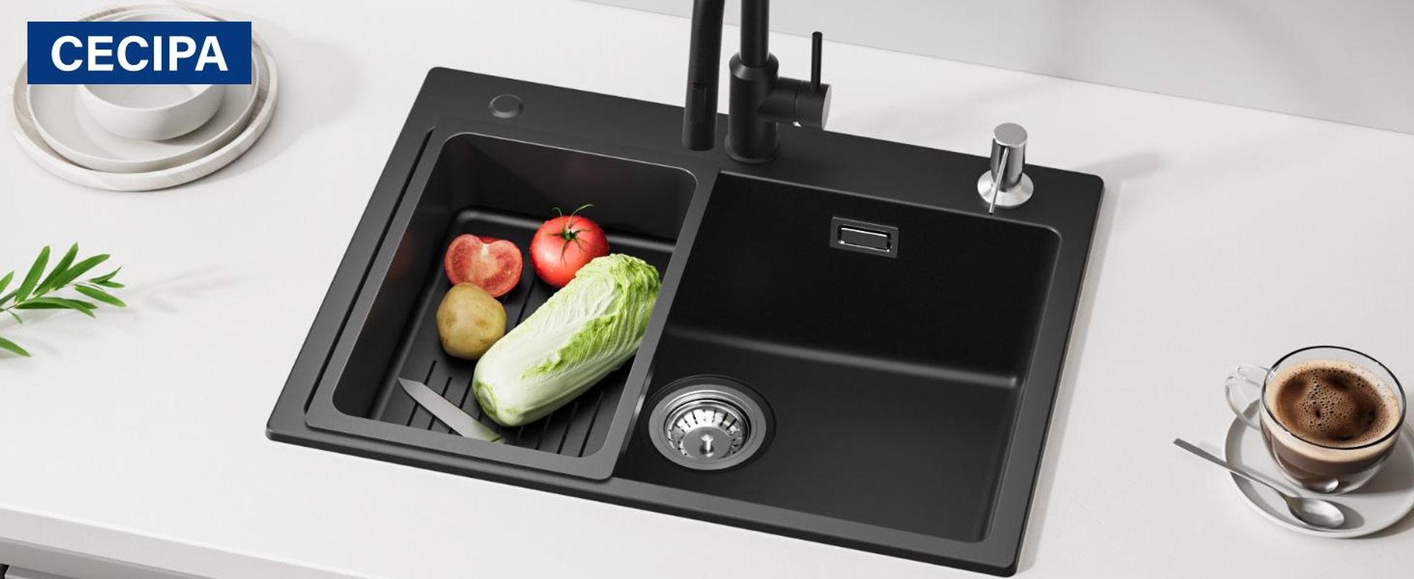 CECIPA MAX Spülbecken Schwarz Granit 60x45  Küchenspüle Rechteckig, Moderne Einbauspüle Granit, Waschbecken Küche, Einzelbecken mit 2 HahnLöcher