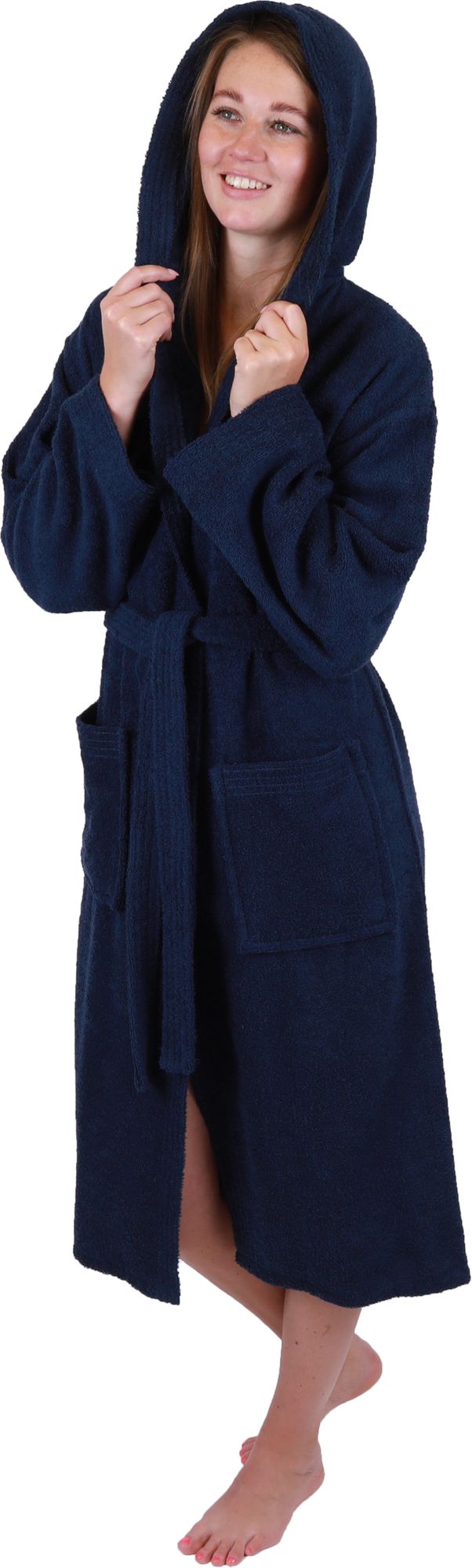 Betz Bademantel mit Kapuze FULDA Größe L/XL Farbe dunkelblau Baumwolle für Herren und Damen Saunabademantel langer Bademantel Saunamantel