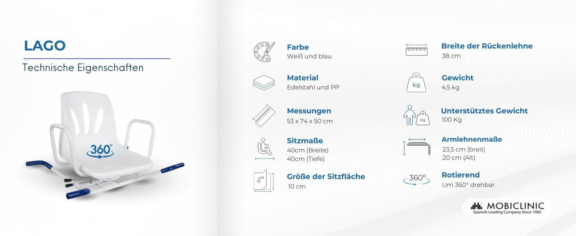 Mobiclinic Drehbarer Duschstuhl Badewannensitz Drehbar 360º Drehstuhl Dusche Duschstuhl mit Armlehnen und Rückenlehne Verstellbar Wannensitz Lago