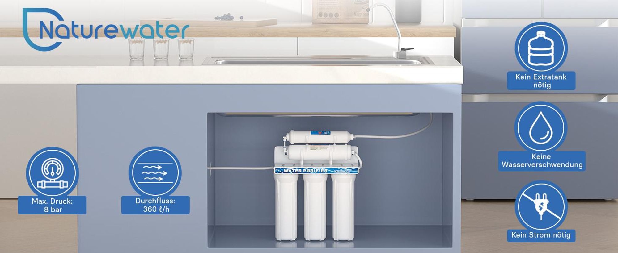 Naturewater NW-PR305 5 Stufen Wasserfilter, 5 µ, PP Kartusche, Untertischfilter Wandhalterung, Filterschlüssel, Sedimentfilter Aktivkohle, Wasserhahn, 2,5m Schlauch, Kurzdreiwegeventil, Kugelhahn