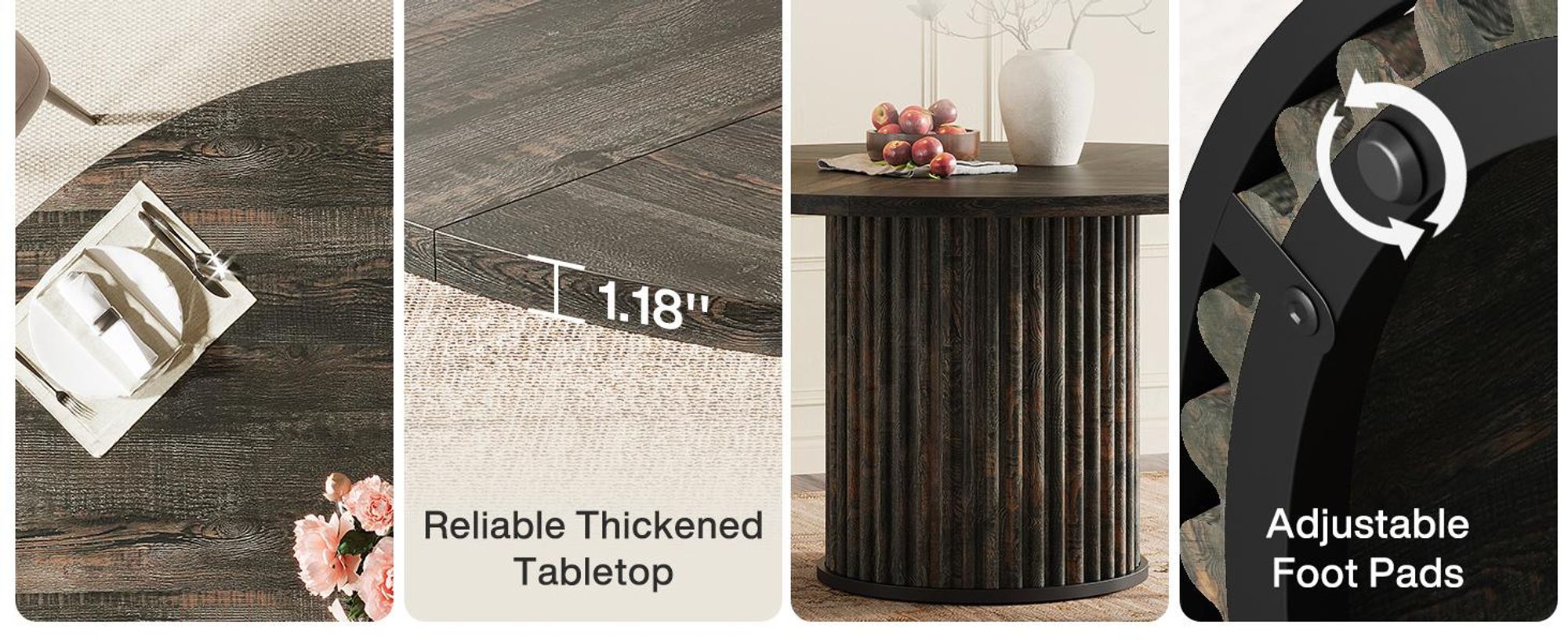 Tribesigns runder Esstisch,120 cm, für 4–6 Personen, moderner Küchentisch aus geriffeltem MDF mit Metallgestell, robustes Esszimmermöbel, Schwarzbraun