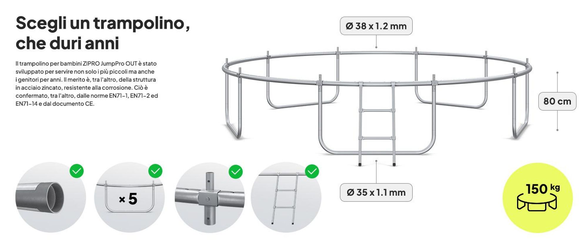 ZIPRO Trampolino Jump Pro Out | 12FT Ø 374 cm | Trampolino da giardino Trampolino per bambini Set completo incl. rete esterna, scaletta e copertura perimetrale, per esterni, verde