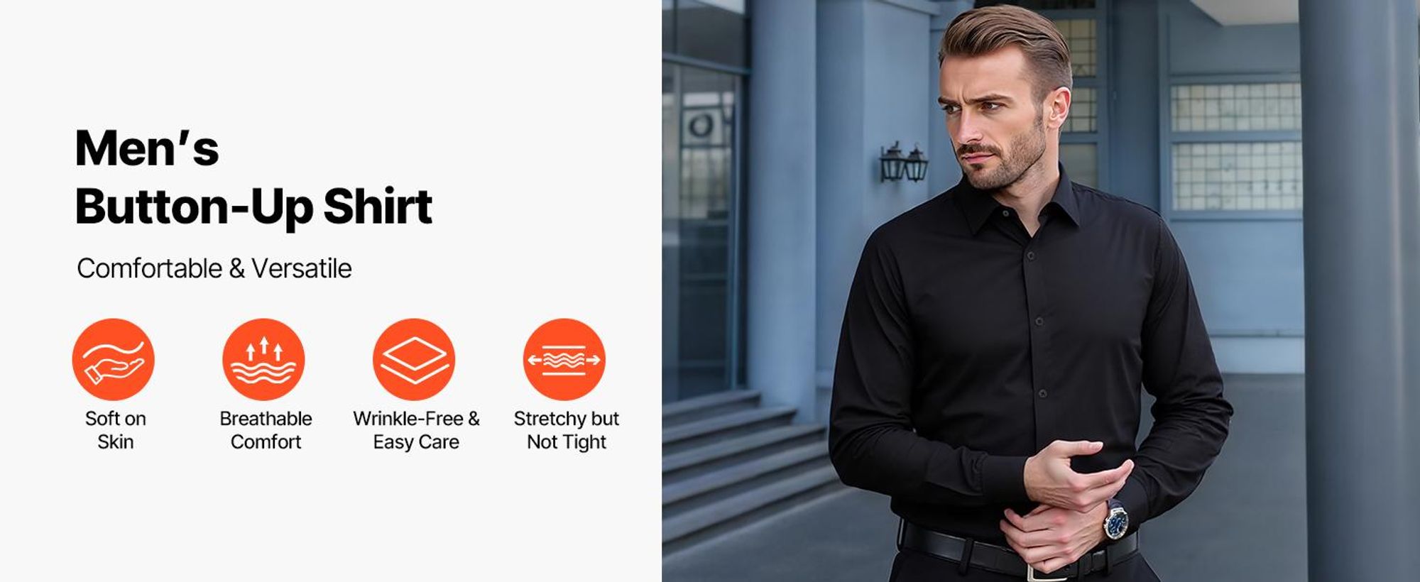 VEVOR Herrenhemd M, Langarmhemd, knitterfrei, Freizeithemden, Bügelfrei, Businesshemden, weicher Stretch-Stoff für Business, Freizeit oder formelle Anlässe, Arbeit, Hochzeit, Abendessen, Schwarz