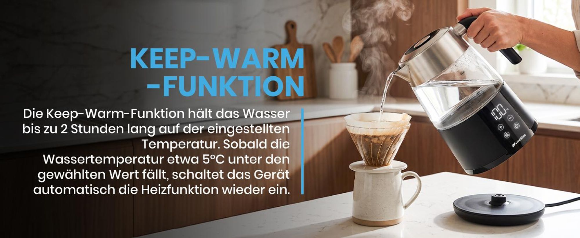 Schwarzer Wasserkocher mit Warmhaltefunktion Edelstahlfilter 1800ml und 2200W
