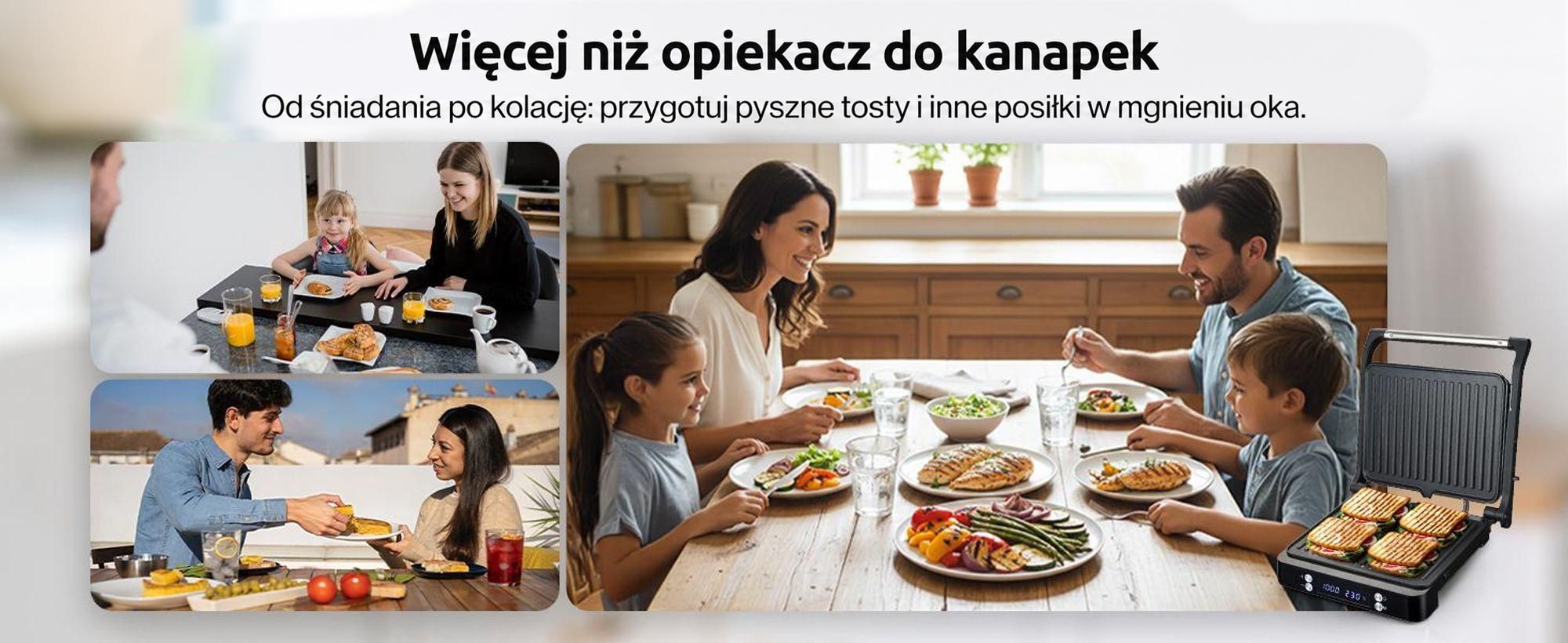 Grill kontaktowy Olvy XXL 2000W - opiekacz do 4 kanapek, opiekacz do panini z 7 programami, grill stołowy z wyświetlaczem, bez PFAS, regulacja do 230°