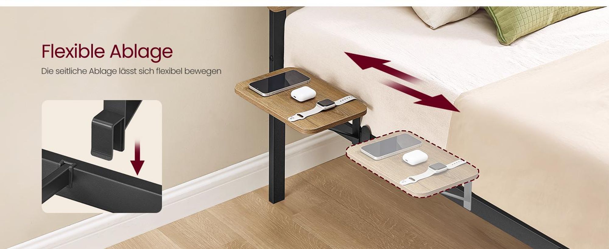 VASAGLE Doppelbettgestell, Bett, 140 x 200 cm, Metallrahmen, LED-Beleuchtung, USB-A- und USB-C-Anschluss, Unterbettaufbewahrung, Industrie-Stil