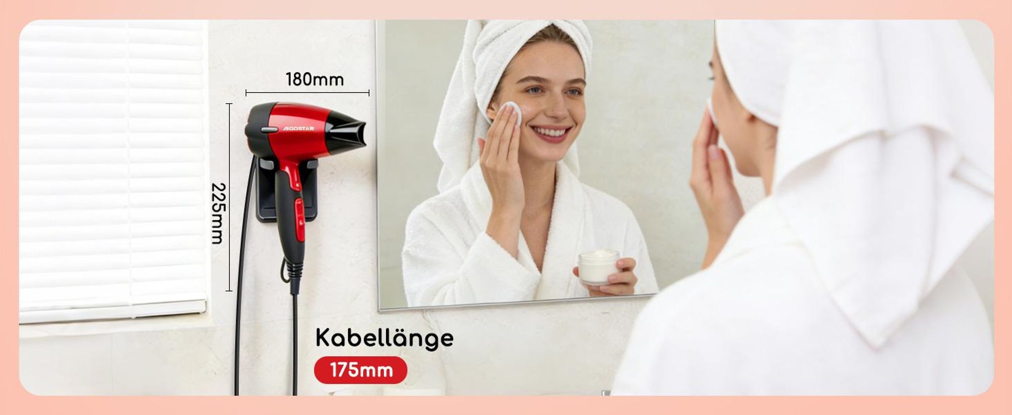 Aigostar - Haartrockner Klein Klappbar, Föhn Mit Stylingdüsen, Reisefön Klappbar, 1500W Fön Klein Rot, 400g Kompakt & Leicht Haarföhn