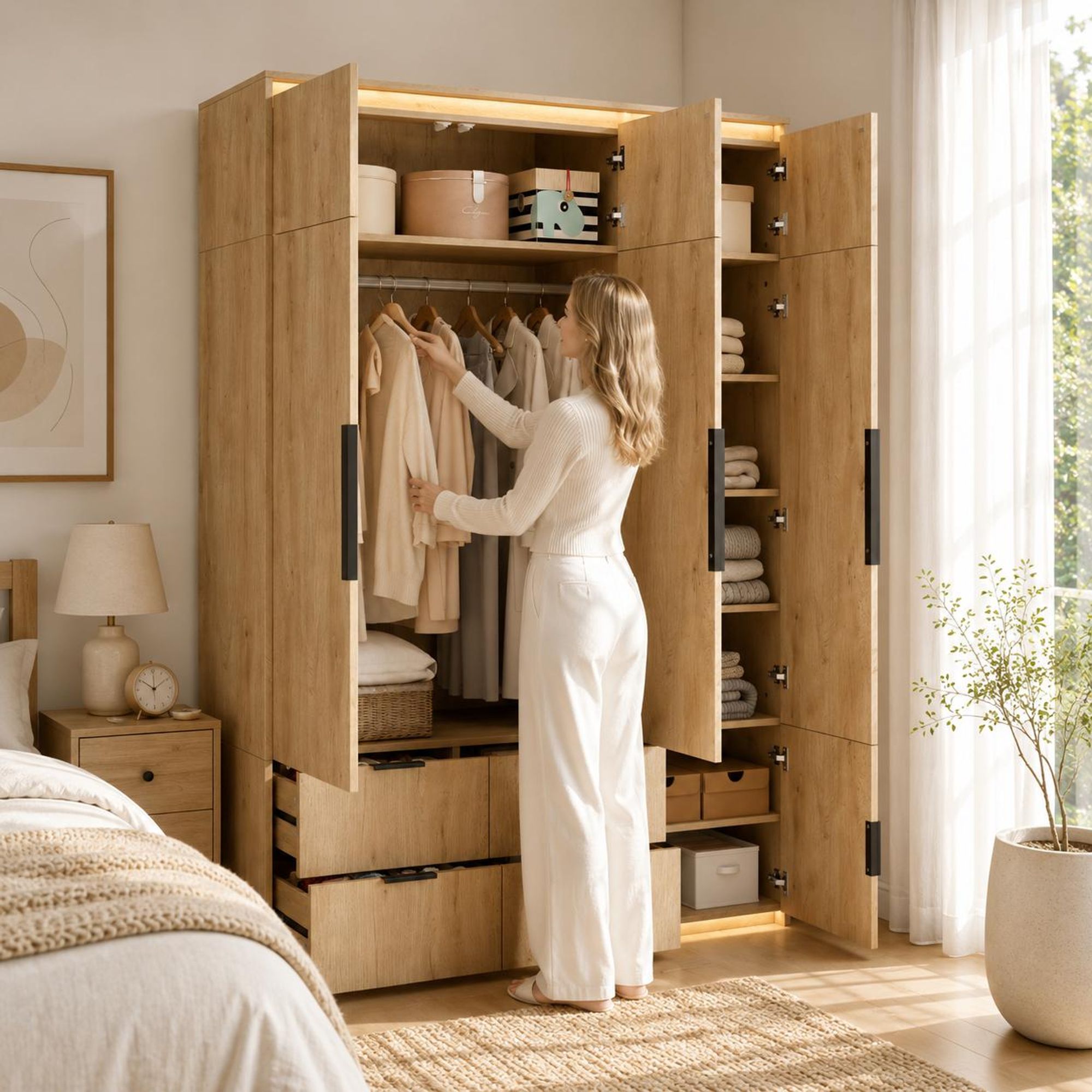 Flieks Kleiderschrank mit Kleiderstange, Garderobe mit LED-Beleuchtung und Schubladen, Hochschrank mit Spiegel und Staufächern,135x47x200cm,Natur,Holz
