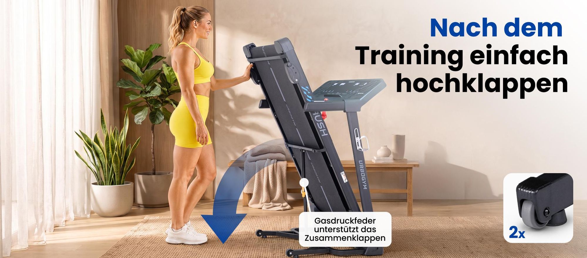 URBOGYM RUSH Laufband klappbar bis 16 km/h, 140 kg, 45 x 130 cm Lauffläche, 3 Steigungsstufen, 15 Programme, Bluetooth, Kinomap & Zwift, LED Display