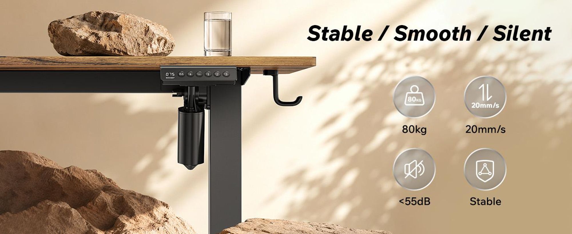 SENSE7 NOJO, rohový písací stôl, model Light Corner, elektricky nastaviteľná výška, rozmer 160x140, tvar L, stojací pracovný stôl, dvojitý motor, vzhľad dreva, tmavohnedá a čierna farba