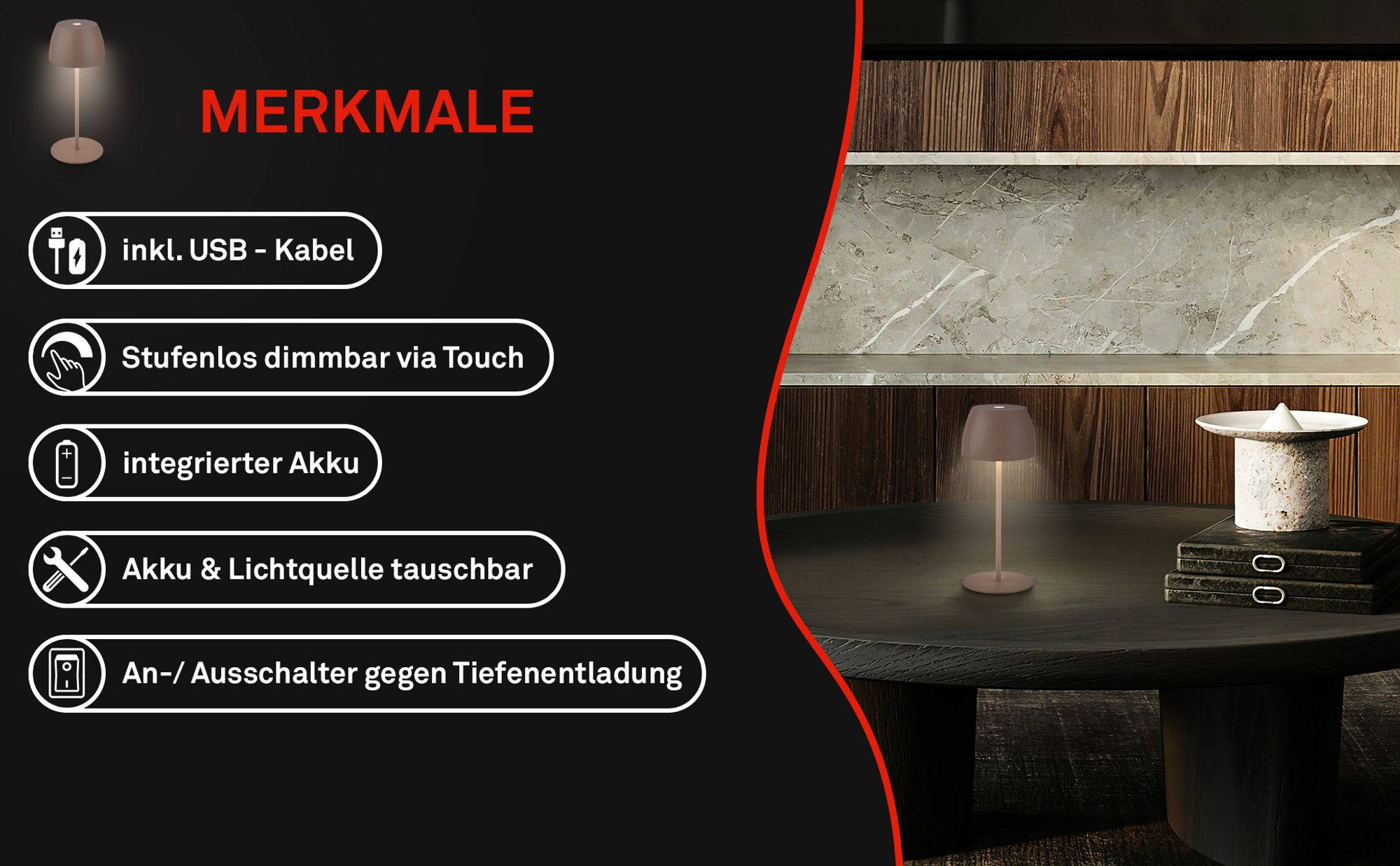 LED Akku Tischleuchte mit Touchdimmer IP44 2,5W 150 lm 2700 K umbra/braun H 20 cm