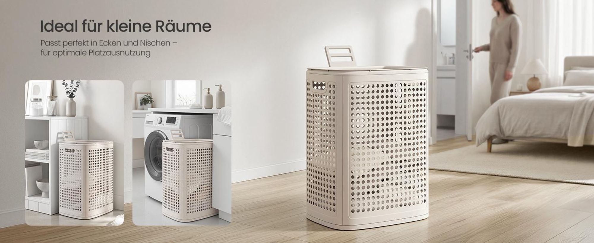 SONGMICS Wäschekorb Plastik, 75 L Wäschesammler, Wäschebox mit Deckel, schmale Wäschetonne für Bad, Waschküche, beige