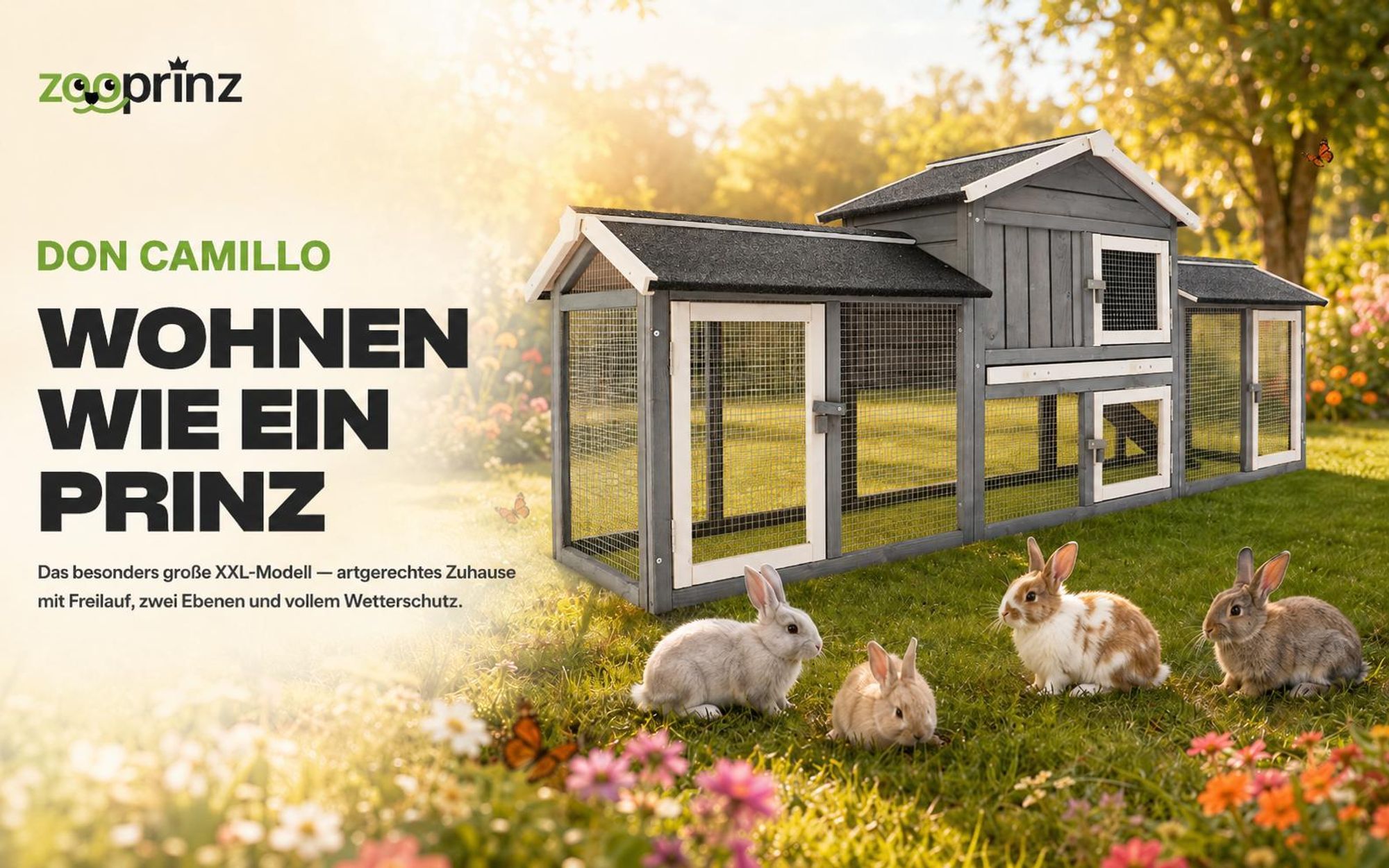 zooprinz Hasenstall Don Camillo | XXL mit Doppelauslauf | 210x85,5x54cm (BxHxT) | Wetterfest | Kiefernholz