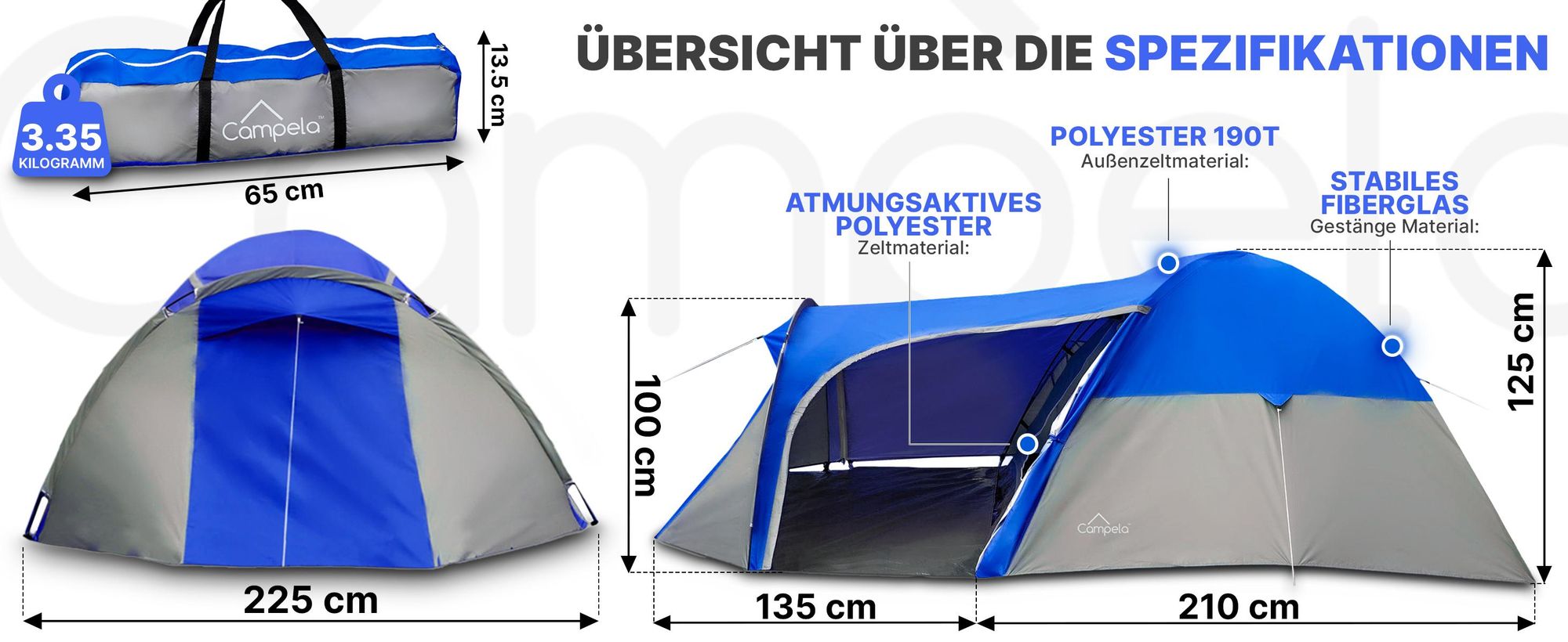 3-Personen Campingzelt Iglu – wasserdicht 3000 mm – mit Vorraum und Moskitonetz – Grau/Blau