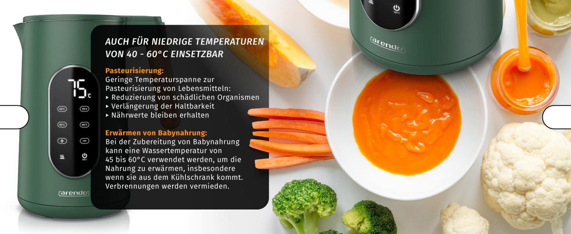 Arendo Wasserkocher mit Temperatureinstellung 40°C - 100°C mit Anzeige, Temperaturwahl, Edelstahl, 1,7 L, 2200W, LED-Display, Holzoptik-Griff, BPA-frei