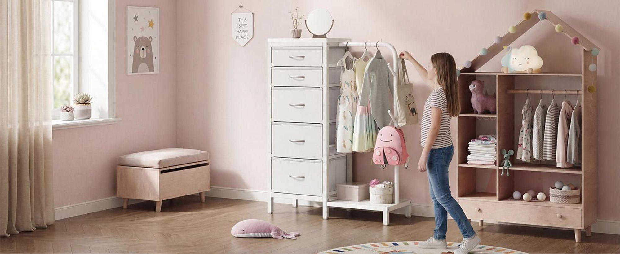 Standgarderobe Garderobenständer Kleiderständer Garderobe mit 5 Stoff Schubladen, Kommodeschrank mit Kleiderstange